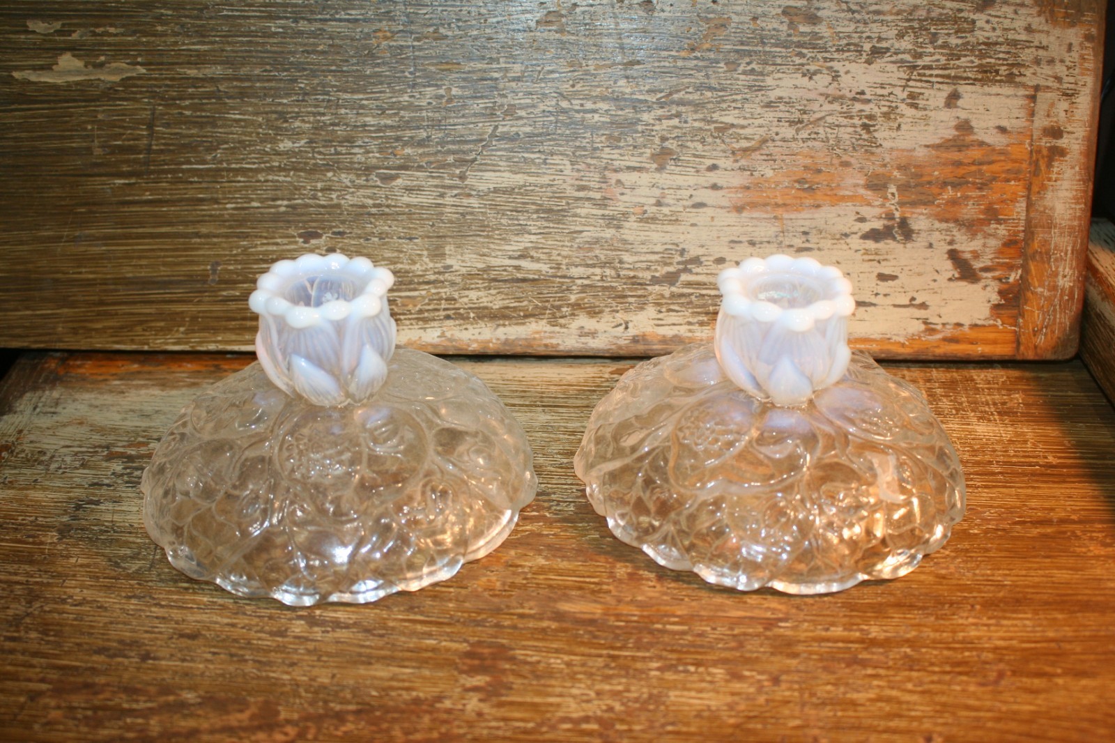 Set of 2 Vintage Fenton French Opalescent Clear Glass Water Lily Candle Holders