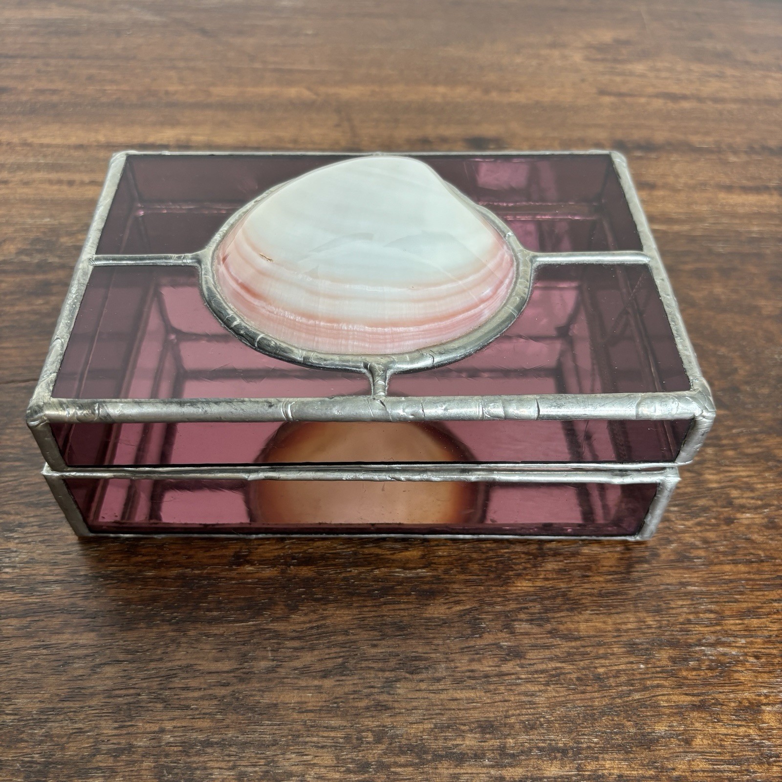 Vintage Sea Shell Stained Glass Trinket Jewelry Box, Pink Glass