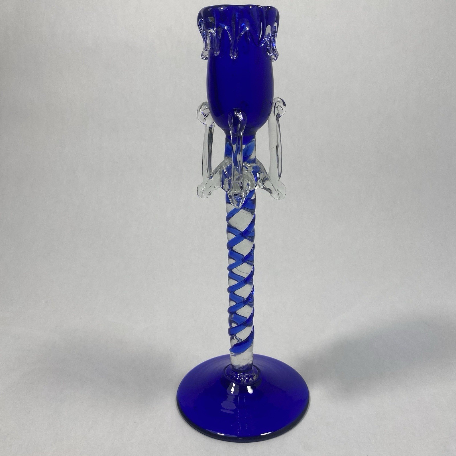 Vintage Baijab Cobalt Blue Glass Candle Stick Holder Twisted Stem Hand Blown