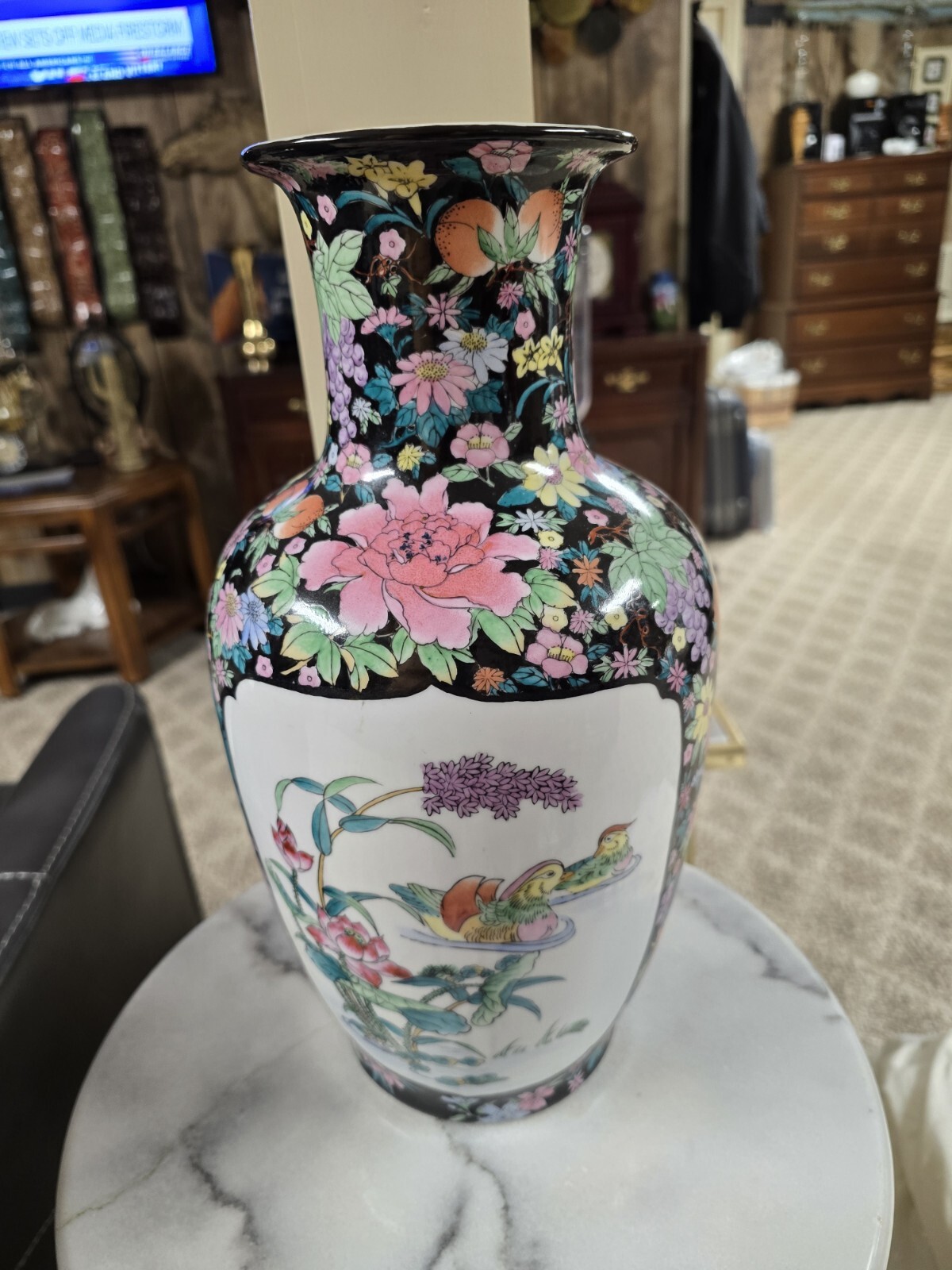Waccamaw Pottery Vase 14.5″ Tall 9″ W XL Flowers Birds Chinese writing