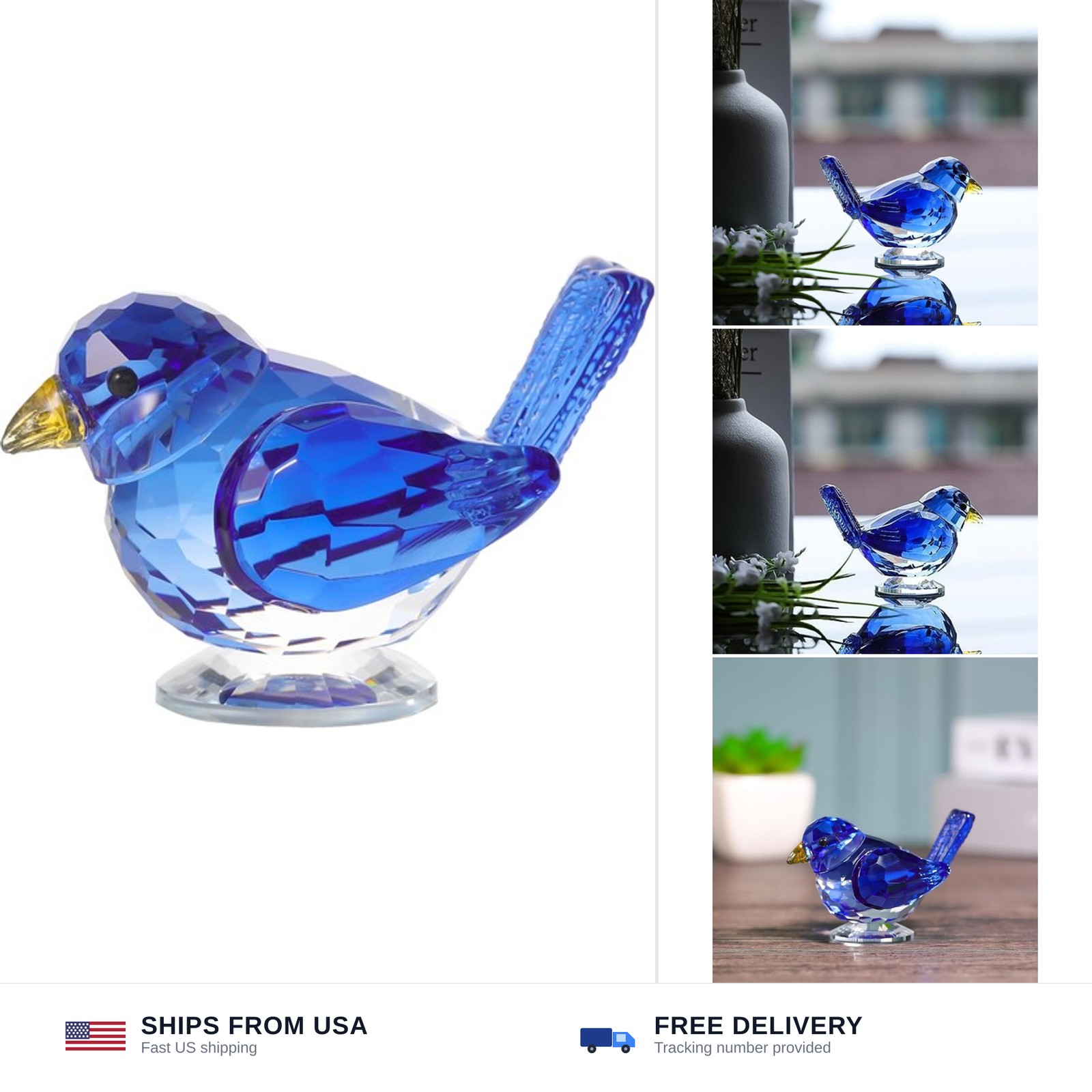Qianwei Blue Crystal Bird Figurine Collectible Handmade Blown Glass Decor | C…