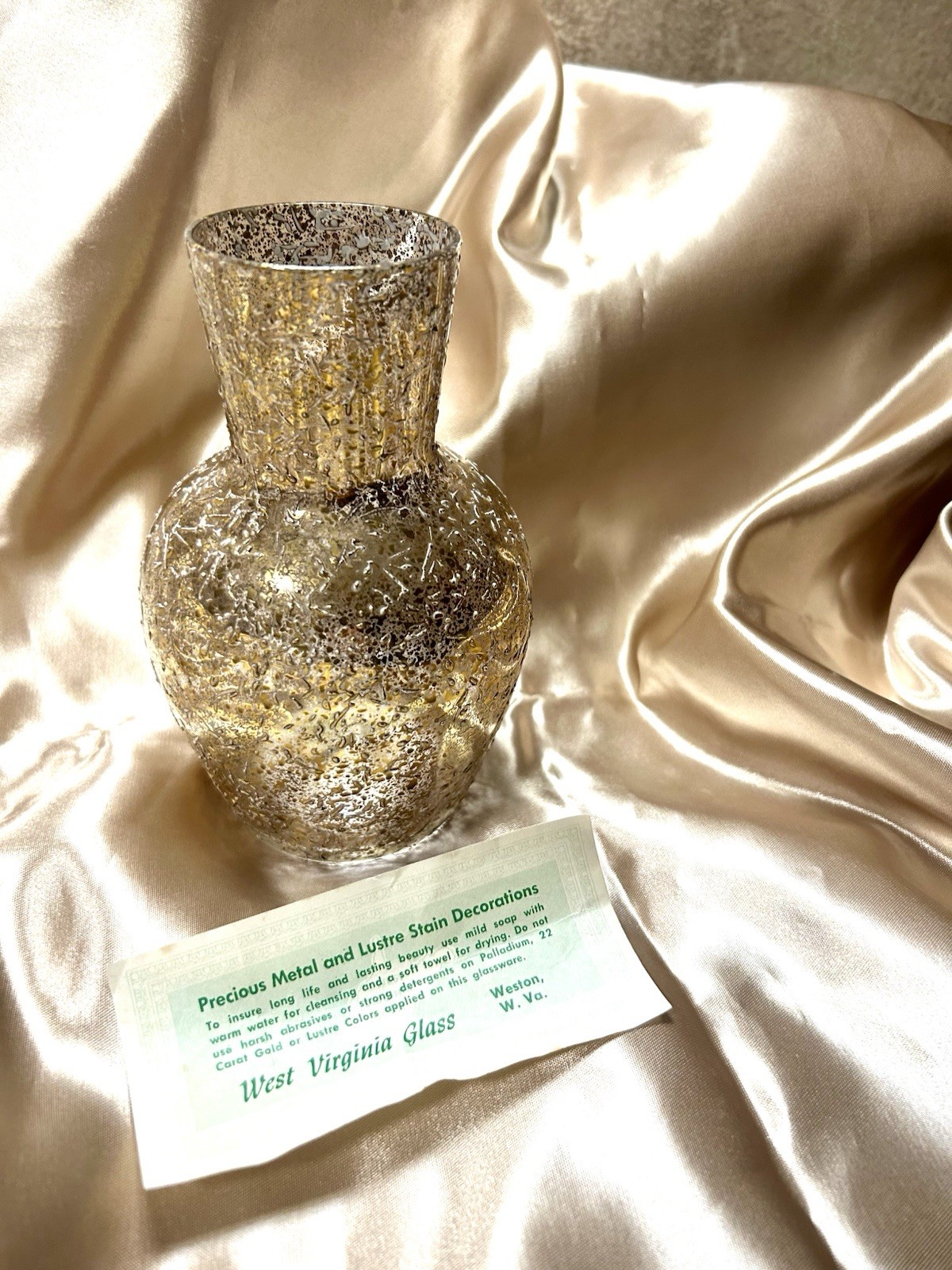 Vintage West Virginia Glass Gold Luster Crackle Vase MCM Art Glass Label