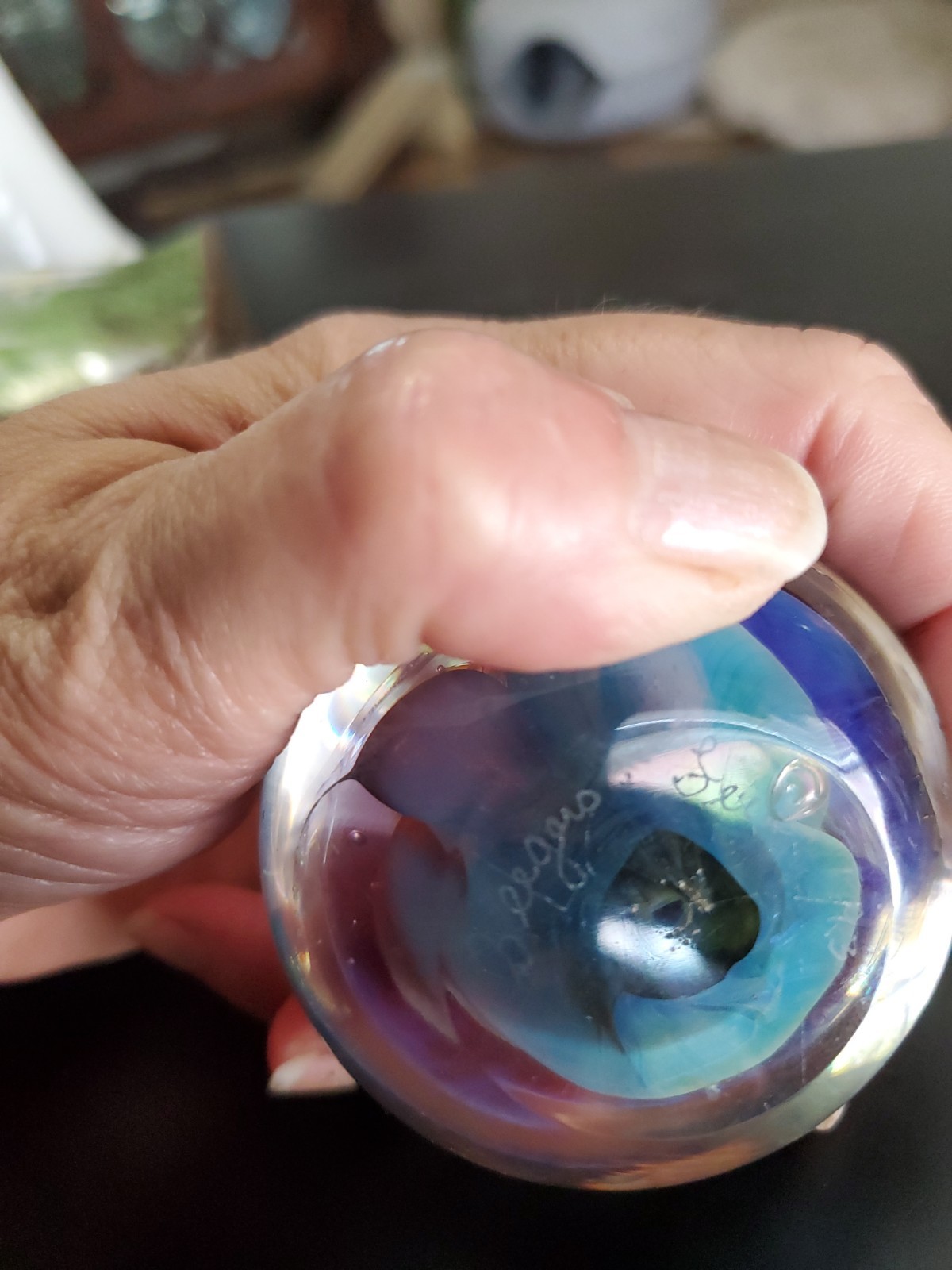 Vintage Seegers Fein Art Glass Small Blue Green Abstract Paperweight Signed 1993