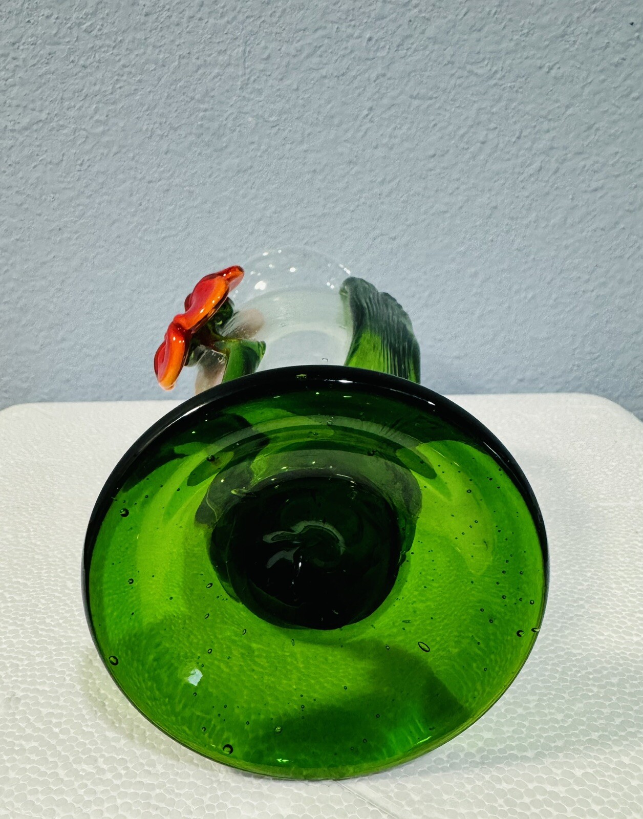 Celebration Art Glass Vase Clear Applied Red Hibiscus 10″ Bubbles Vintage