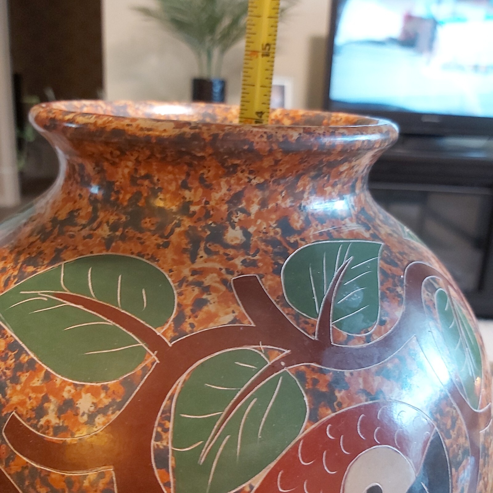 Vintage Handmade Clay Vase Decorated with Parrots And Trees READ