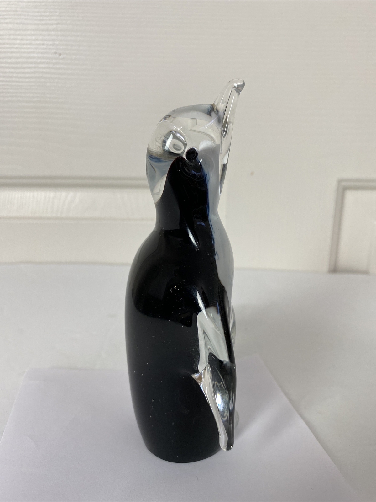 Hand Blown Art Glass Clear Black White Penguin Figurine 6” Tall Paperweight
