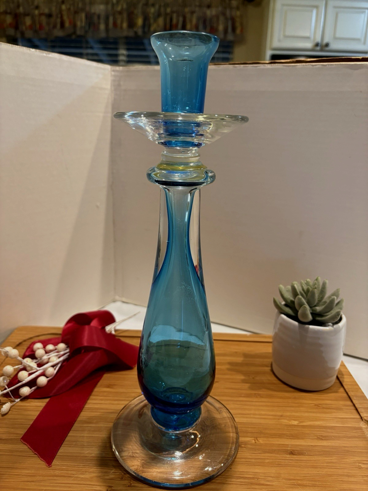Vintage MCM Peacock Aqua Blue Glass Art Glass Maybe Candle Holder Hand Blown