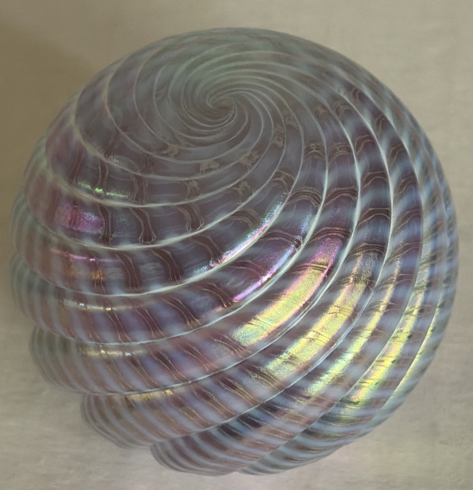 Stunning Iridescent Textured Blown Glass Swirl Paperweight Aqua Signed OBG 3”