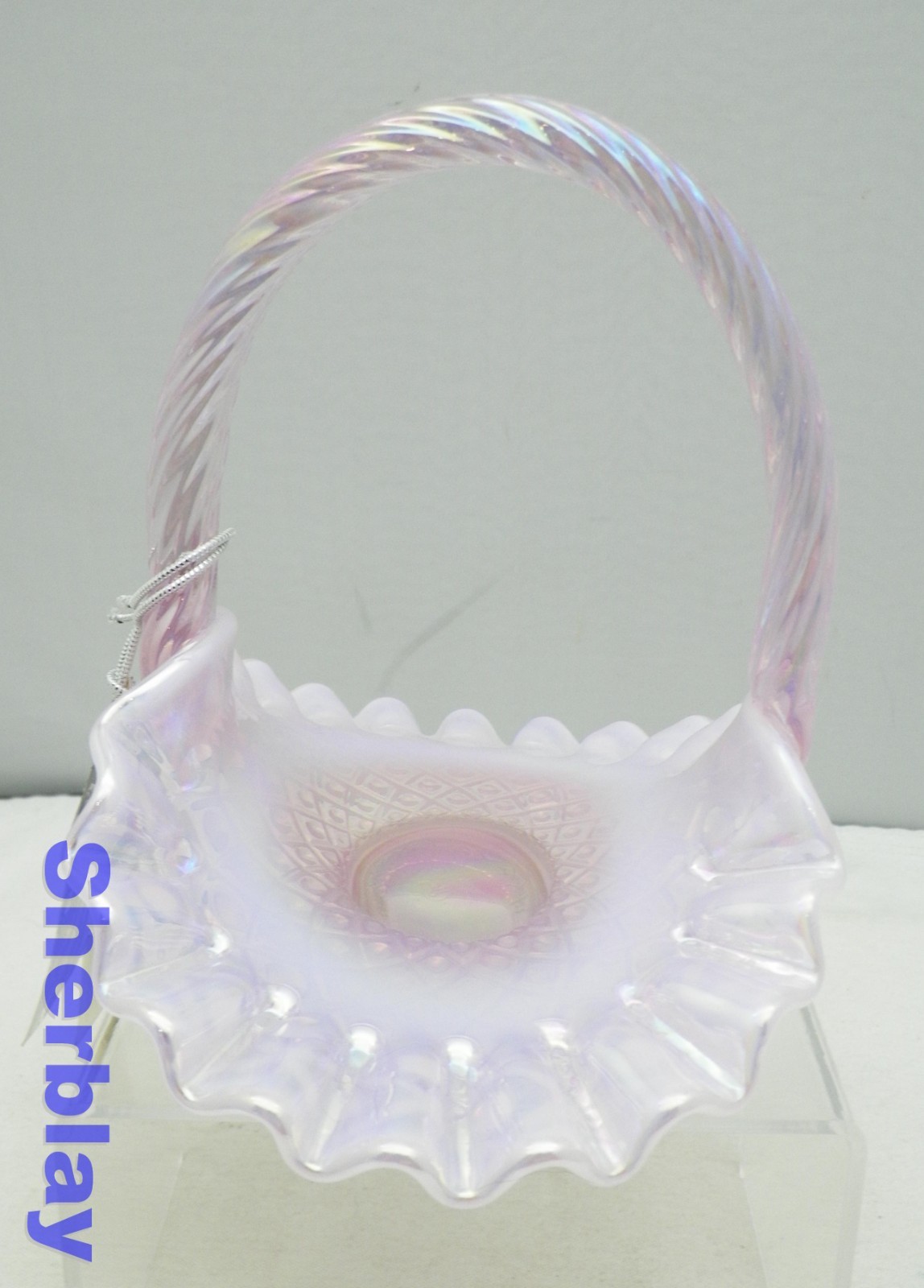 Vintage Mini Fenton Art Glass Pink Lavender Opalescent Basket Ruffled Candy Dish