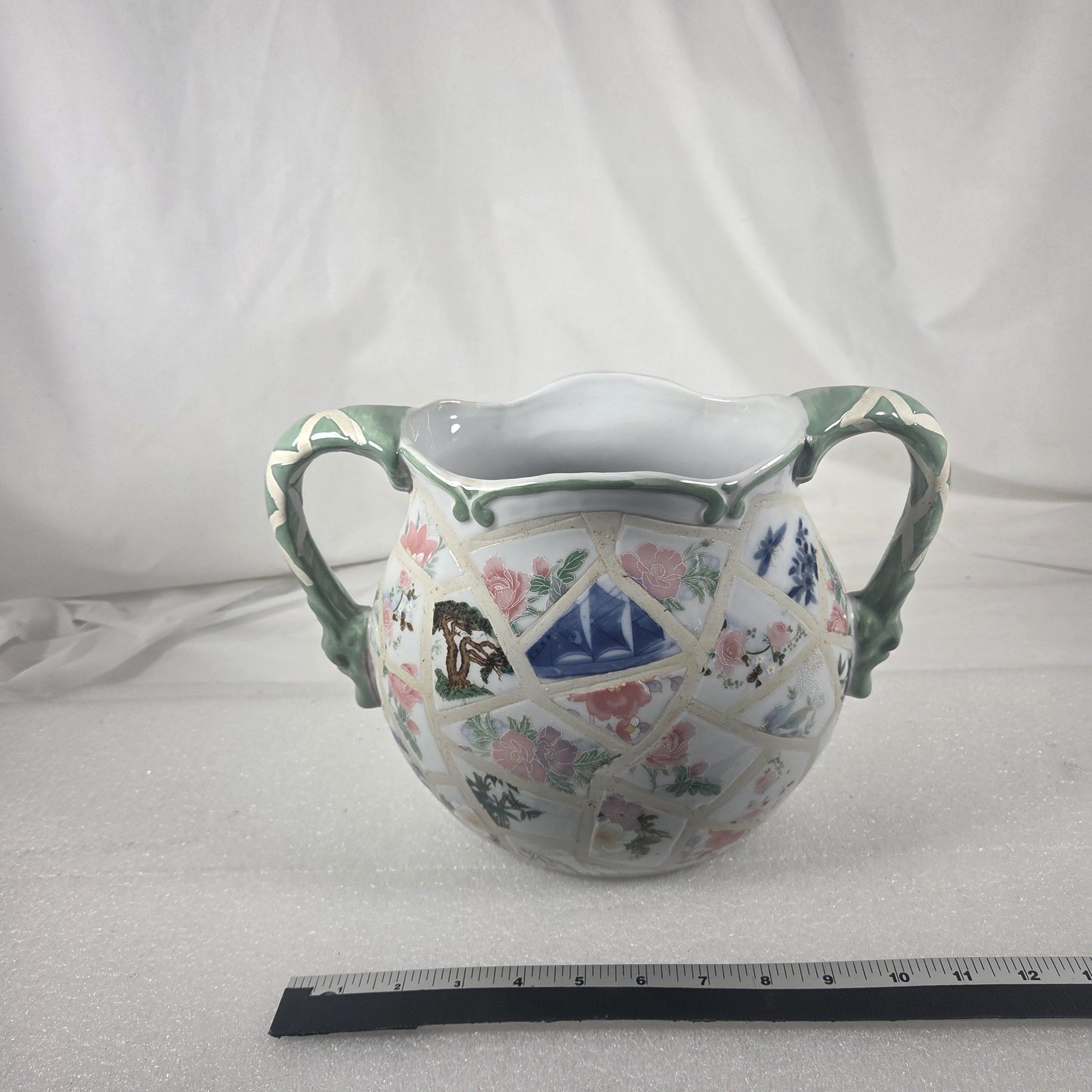 Decorative Two-Handle Patchwork Mosaic Floral Green Ceramic Vase Urn MMU