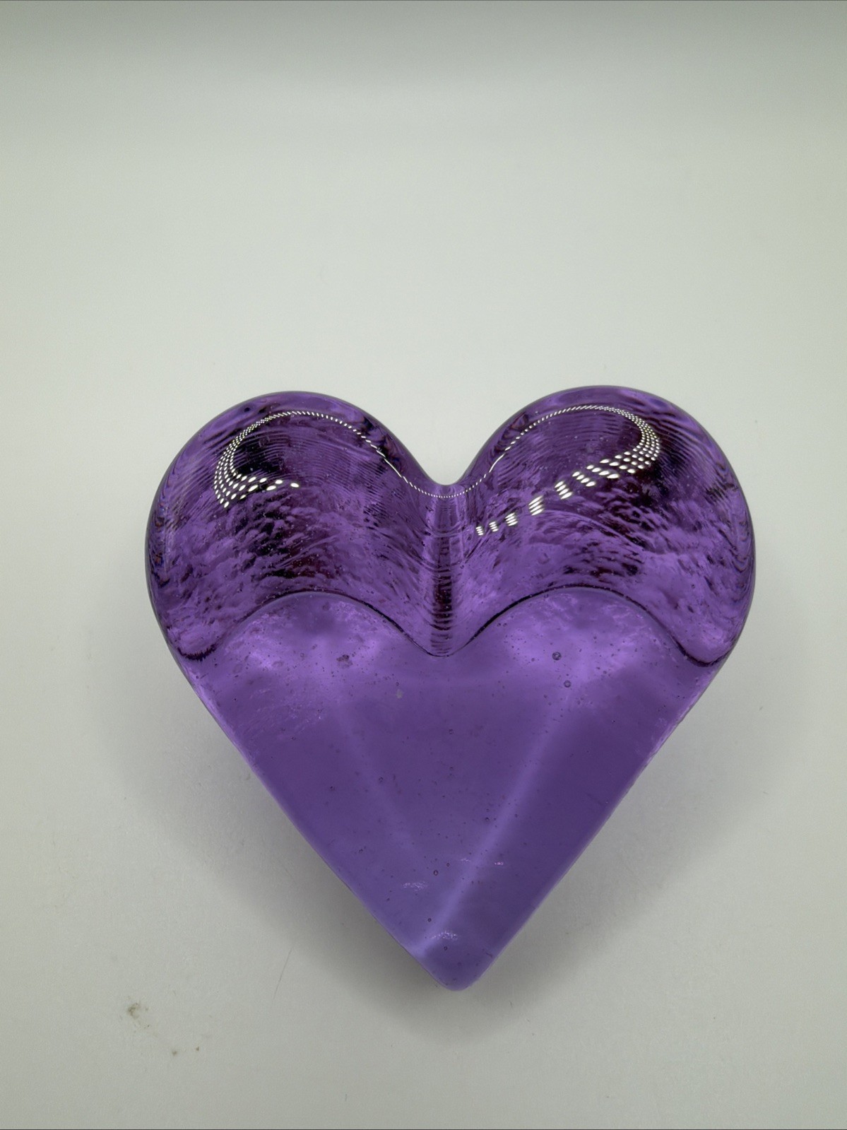 Fire & Light Purple Glass Heart Paperweight 2000 Signed 3.5”