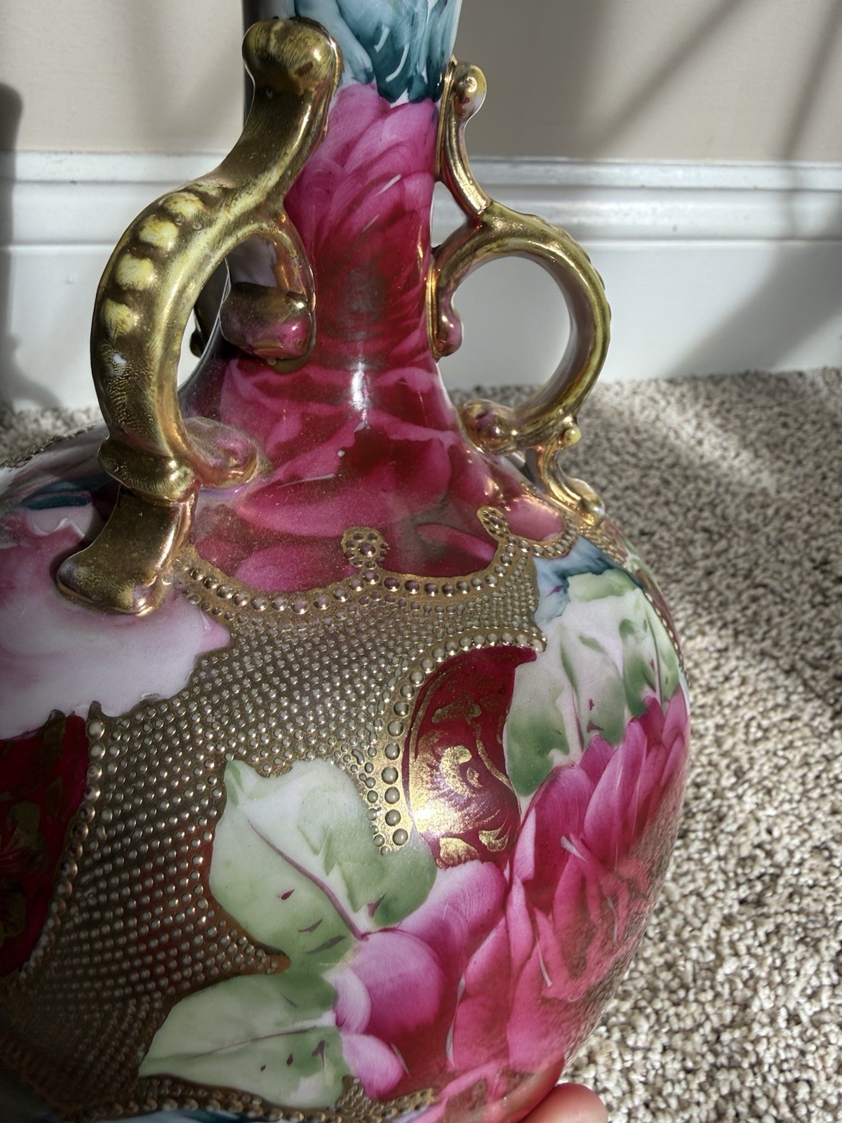 Porcelain Floral Rose Decorative Vase White/Pink/Green w/ Gold Handles