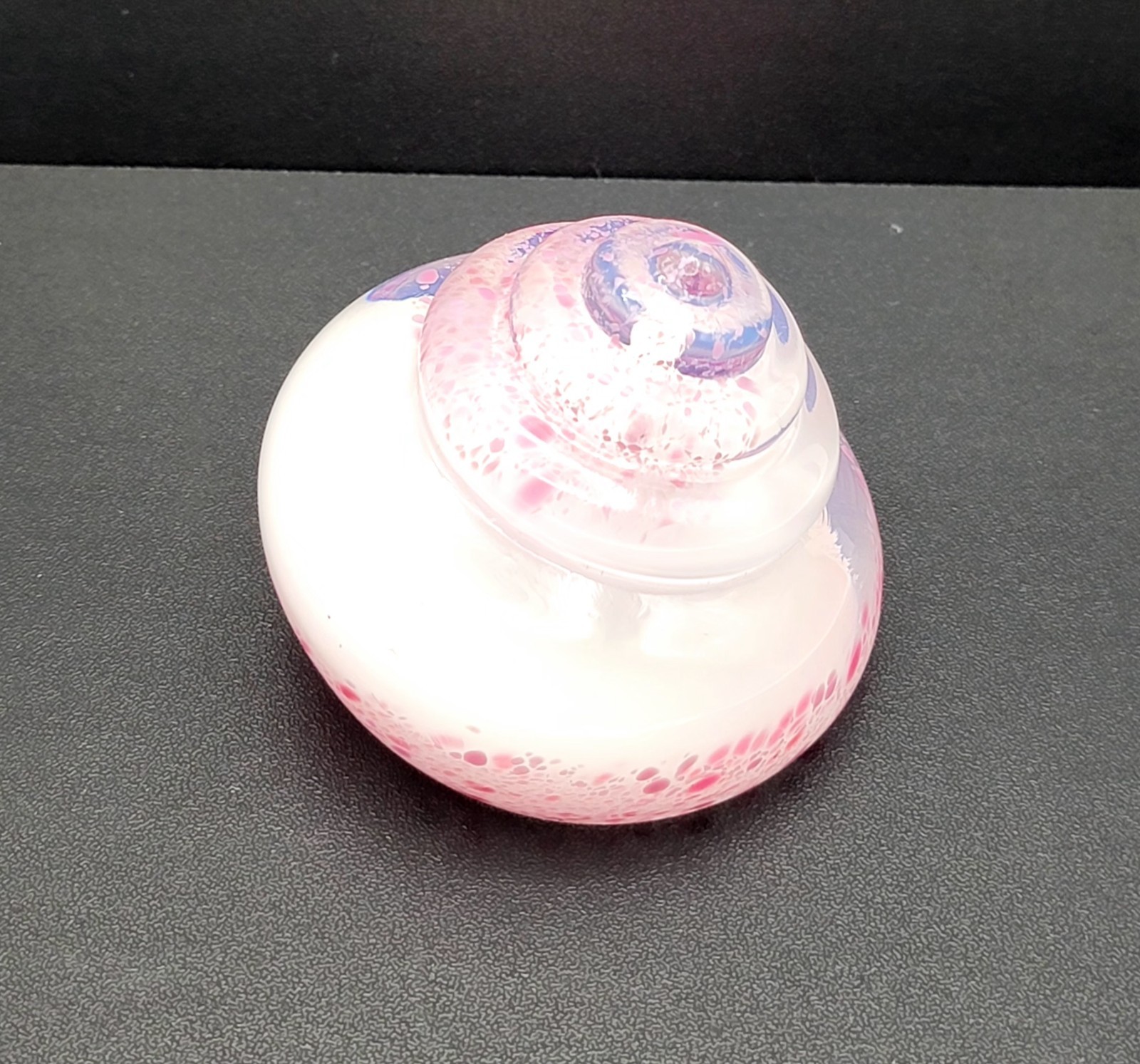 Art Glass White Mould Blown Cut Glass Pink Spatter 1980’s Small Paperweight 2.5″