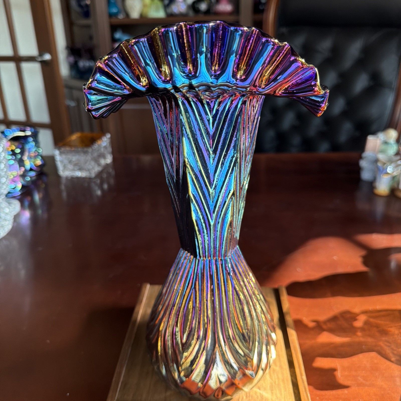 Incredible Vintage Amethyst Black Carnival Fenton Mitered Oval Vase Signed