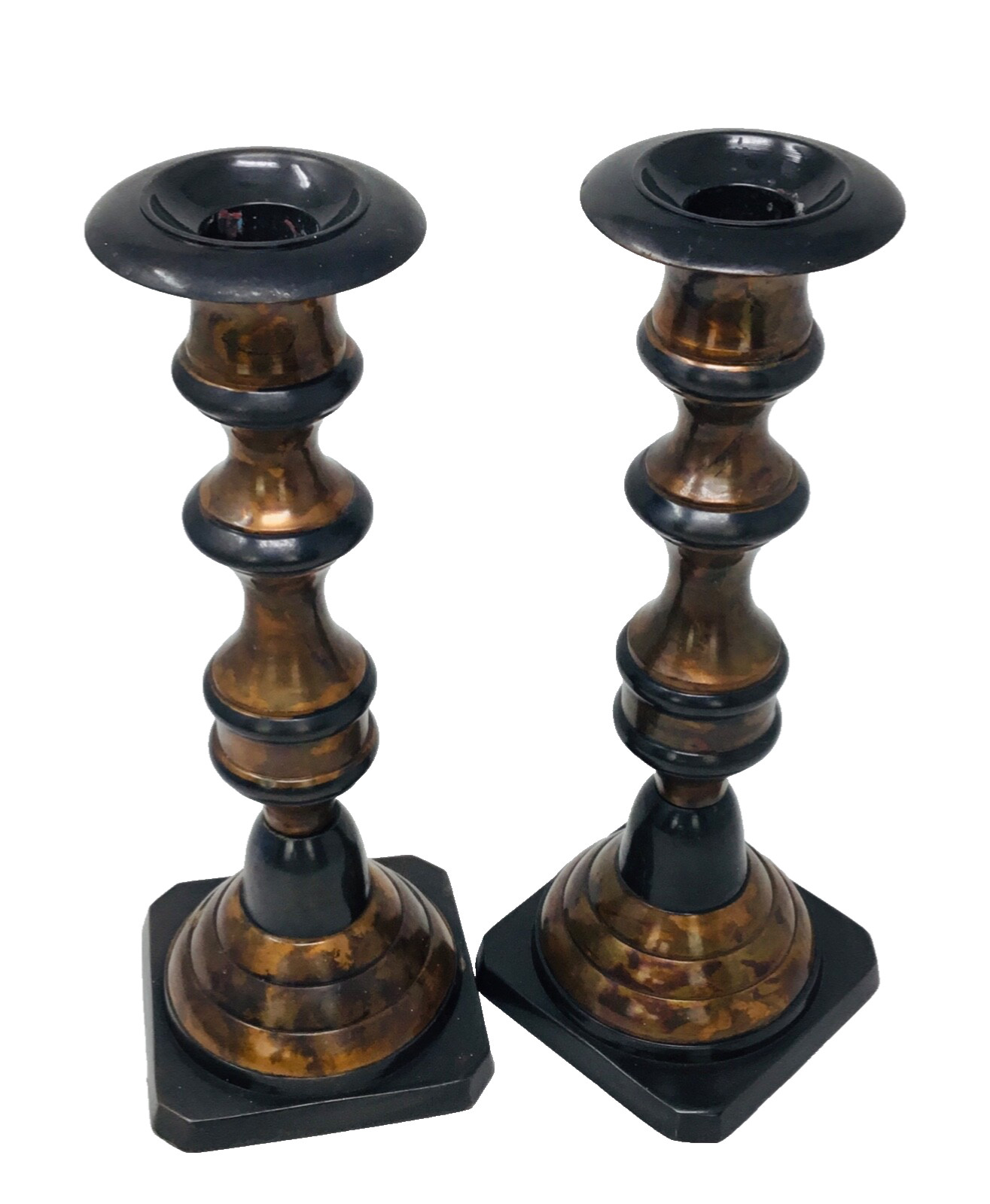 Candle Stick Holders Set—2 Copper, Brass Tone, Black Painted Metal India 9.25”