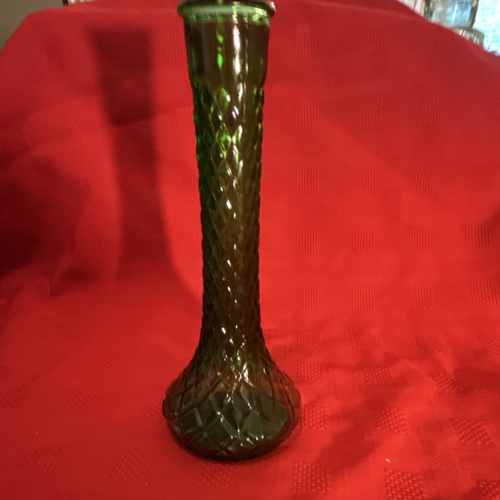 Green Pressed Glass Vase Diamond Pattern Textured Decorative Glossy Finish