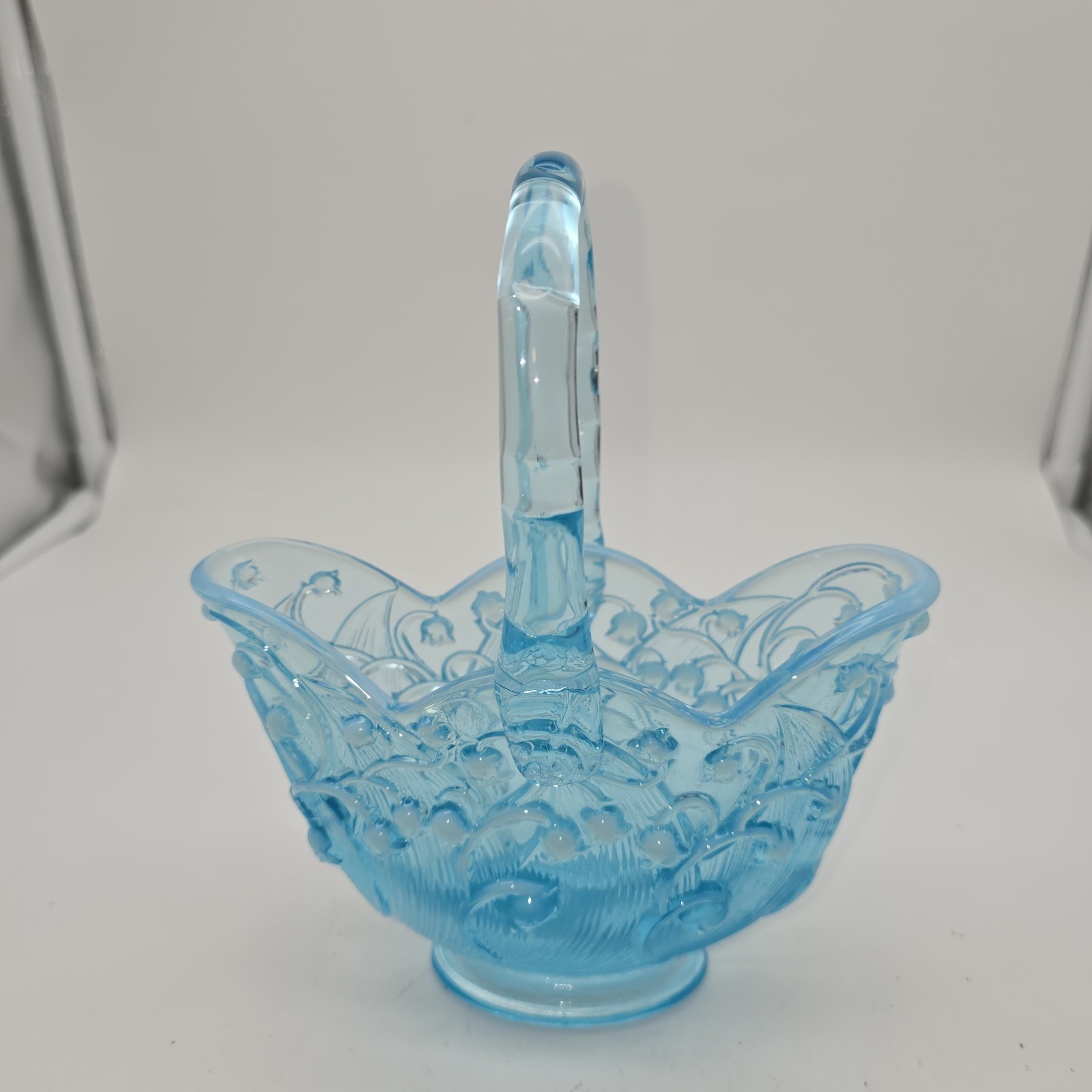 Fenton Aqua Blue Opalescent Lily of the Valley 8″ Basket Vase Art Glass