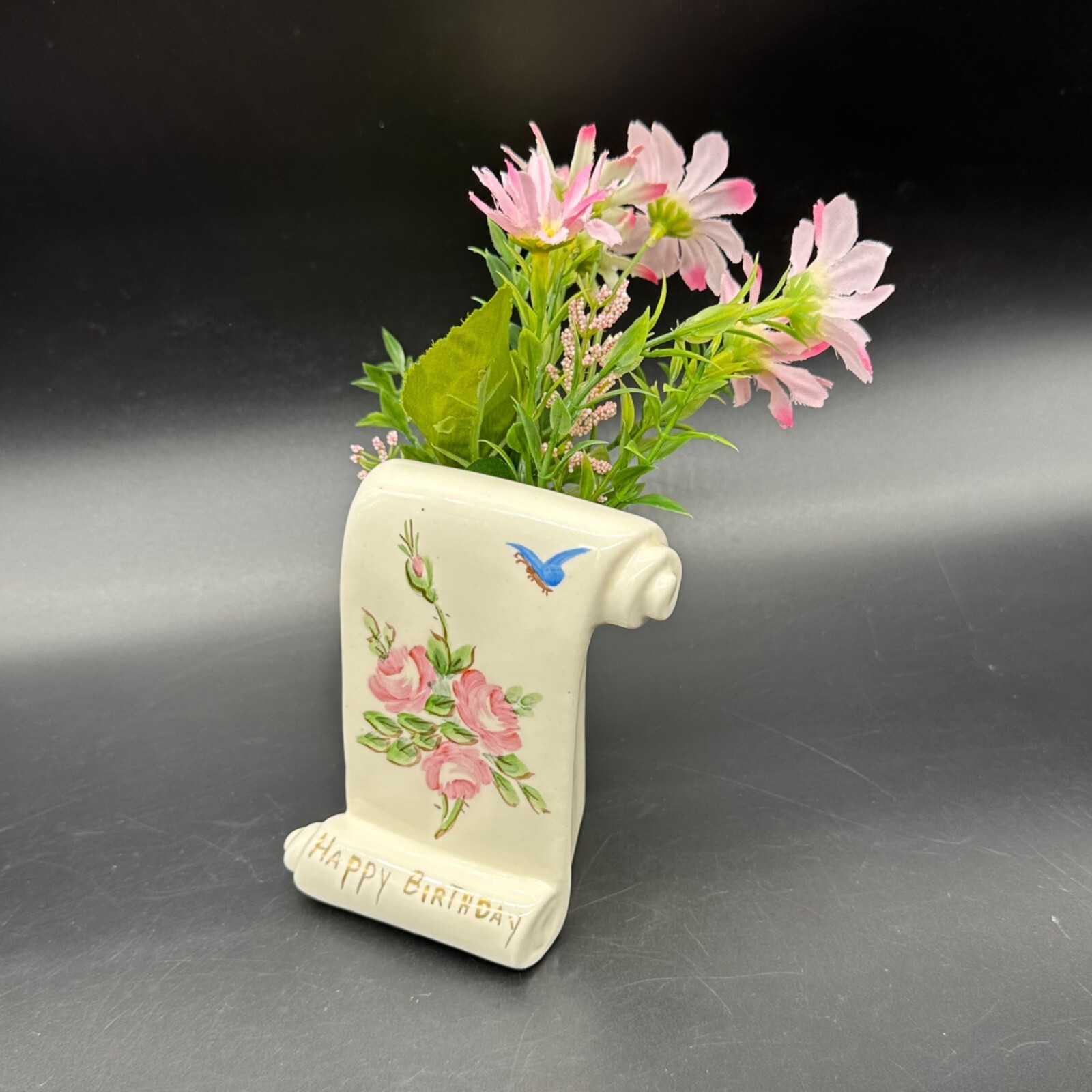 Vintage Happy Birthday Gift Wall Pocket Vase Flowers 1950s Ceramic Kitsch Decor