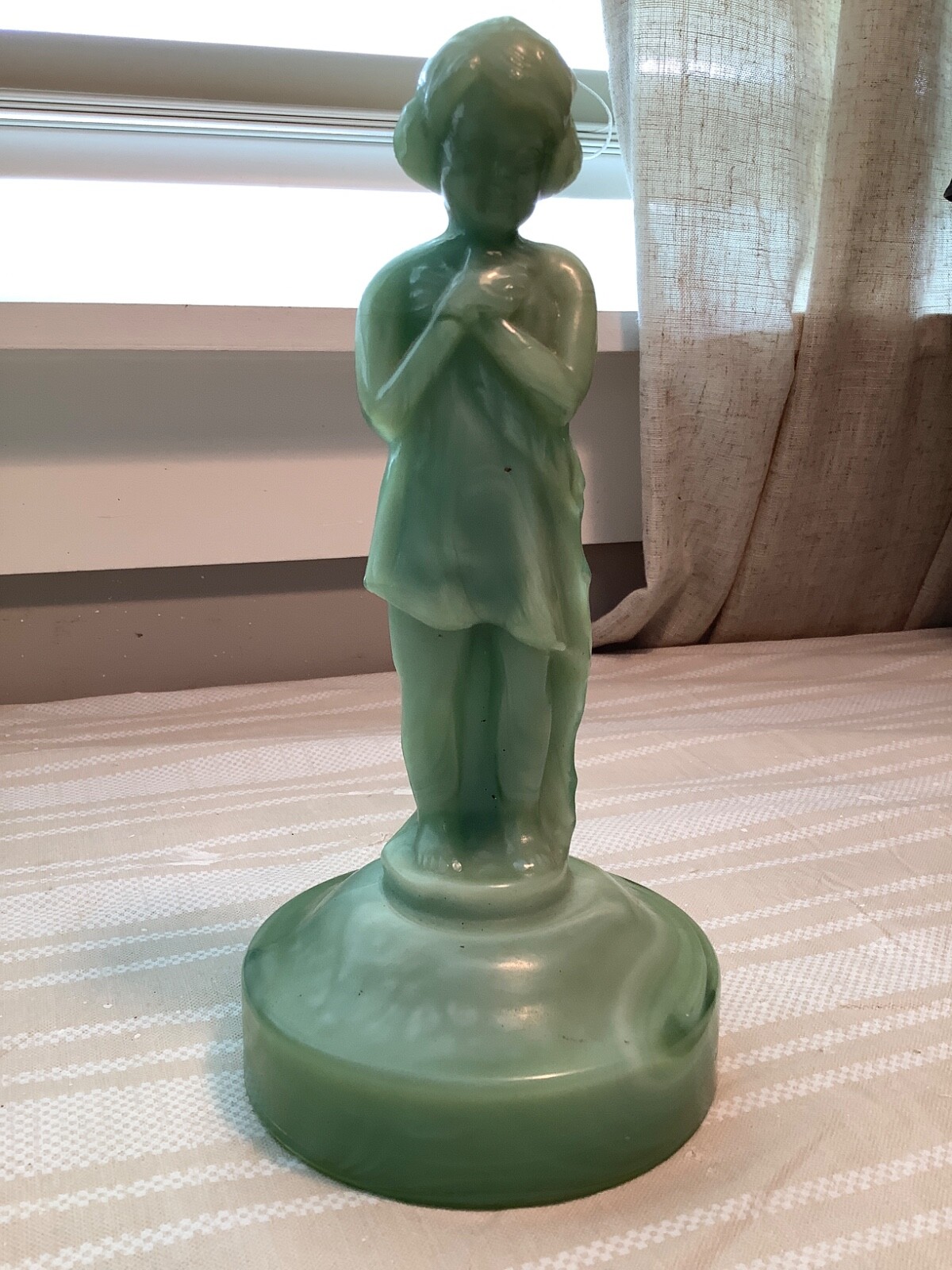 Draped Lady Bashful Charlotte Green Slag Lamp Base Figural Piece. C5
