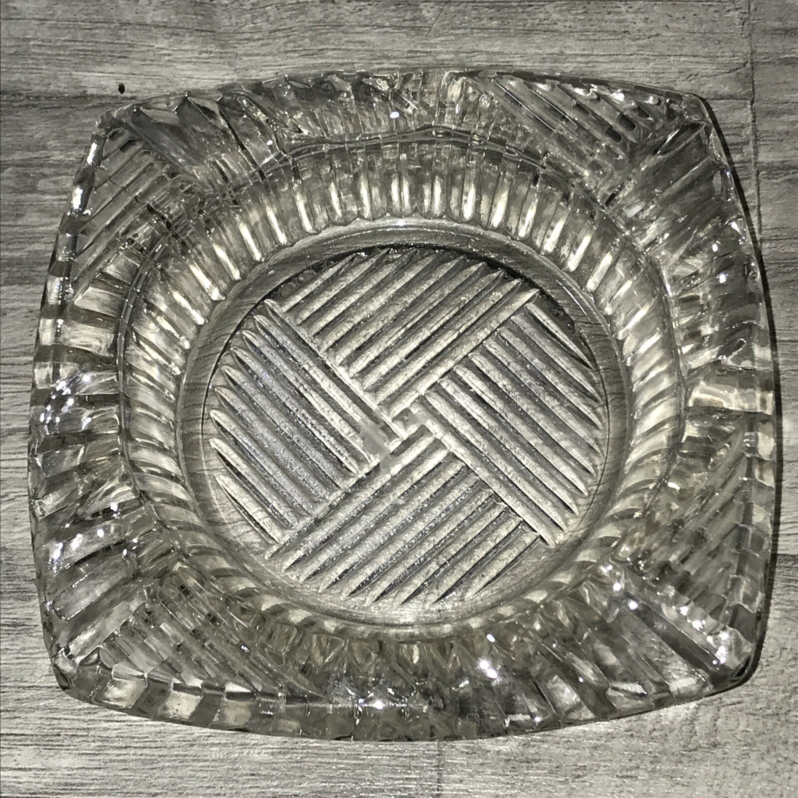 Ashtray Crystal Cut Glass Vintage 4 1/4 X 4 1/4” Federal Basket Cut W14