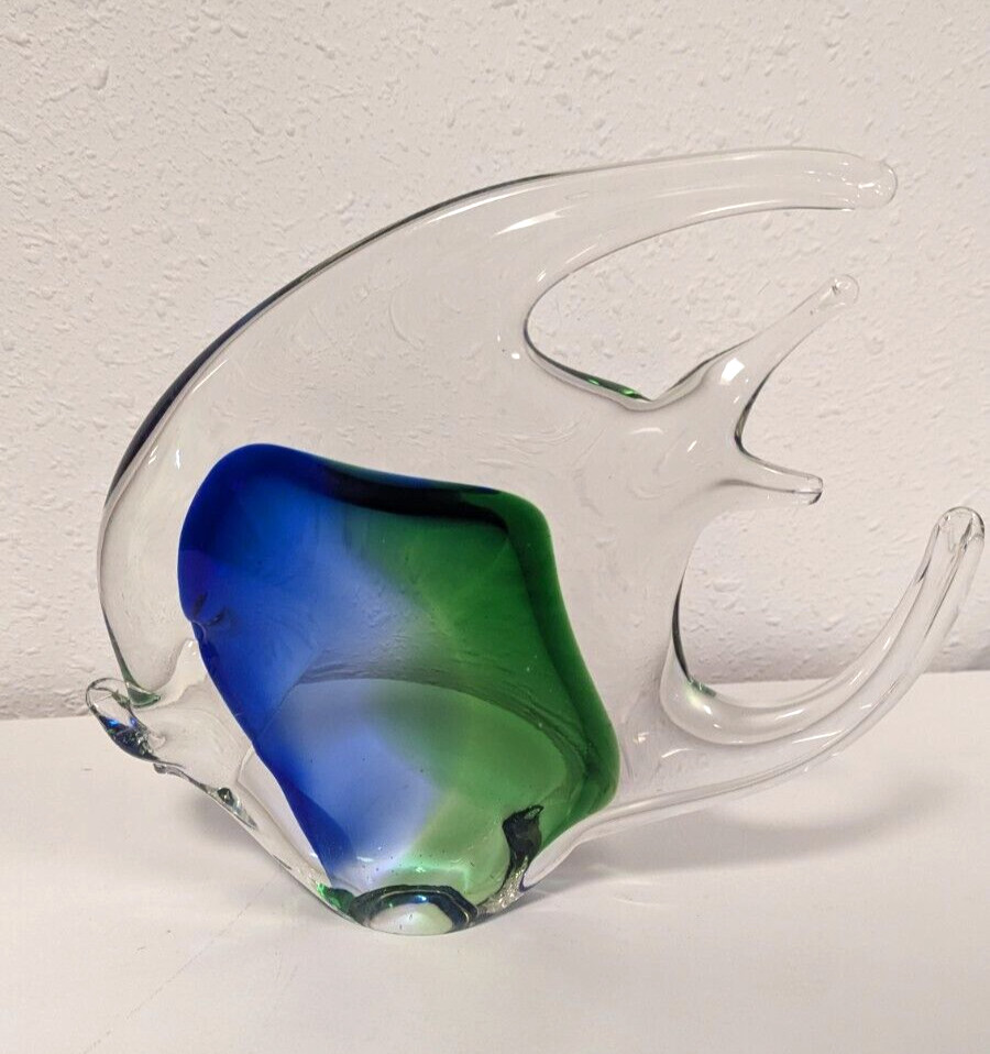 Vintage Hand Blown Glass Angel Fish Blue Green Swirl Art Heavy Venezia figurine