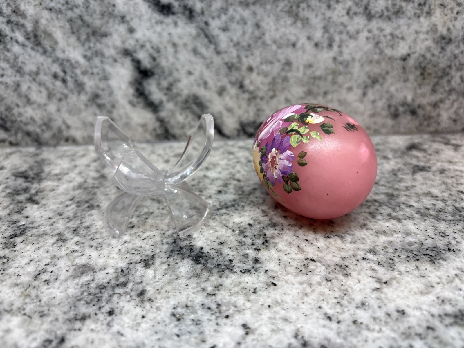 Hand Painted marble egg Pink Floral Decorative Signed– Stand Included