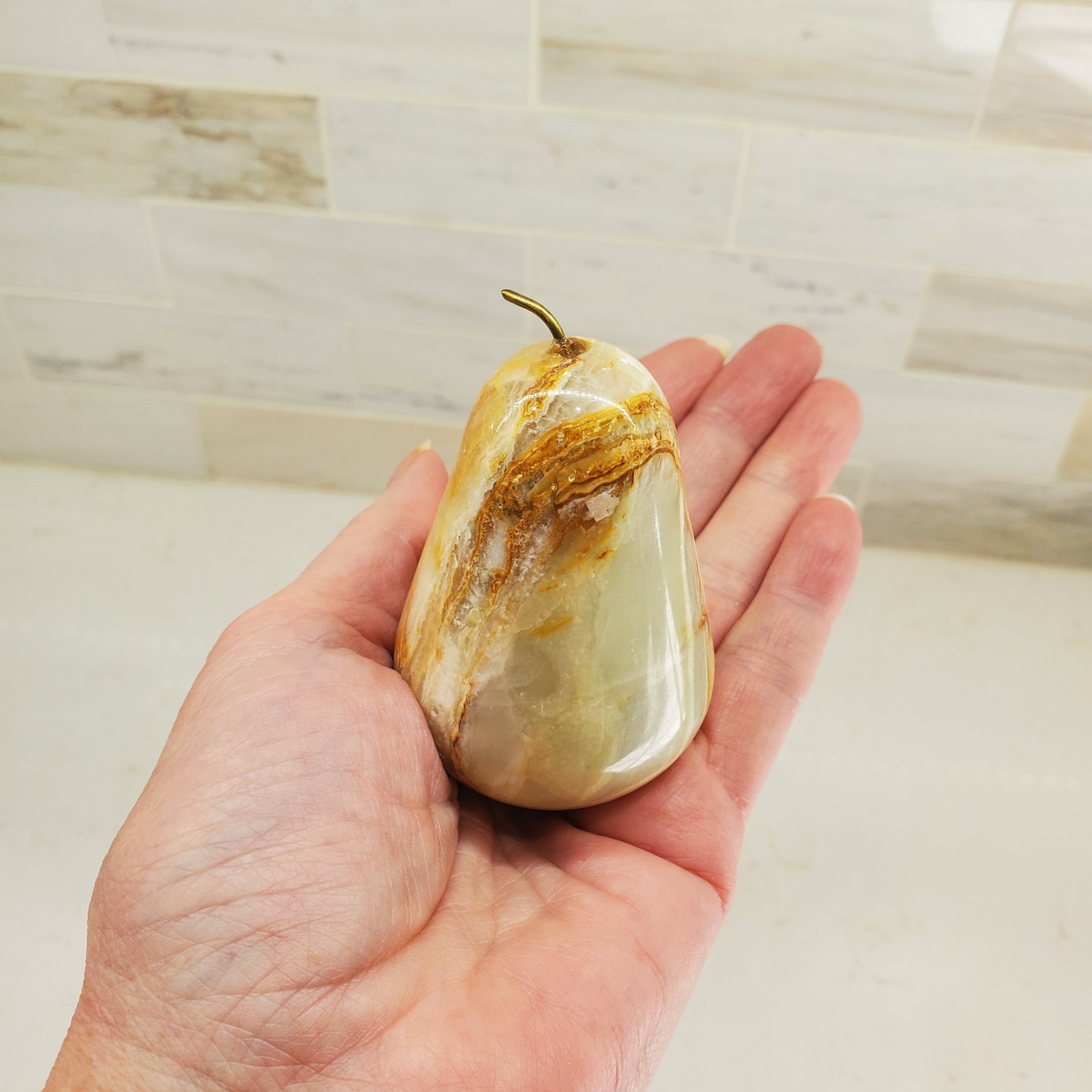Onyx Pear Paperweight Sculpture Polished Stone Metal Stem Pakistan Tag Bottom