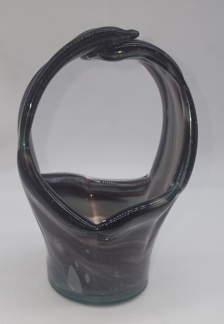 Murano Style Handblown Split Handled Amethyst Slag Swirled Glass Basket