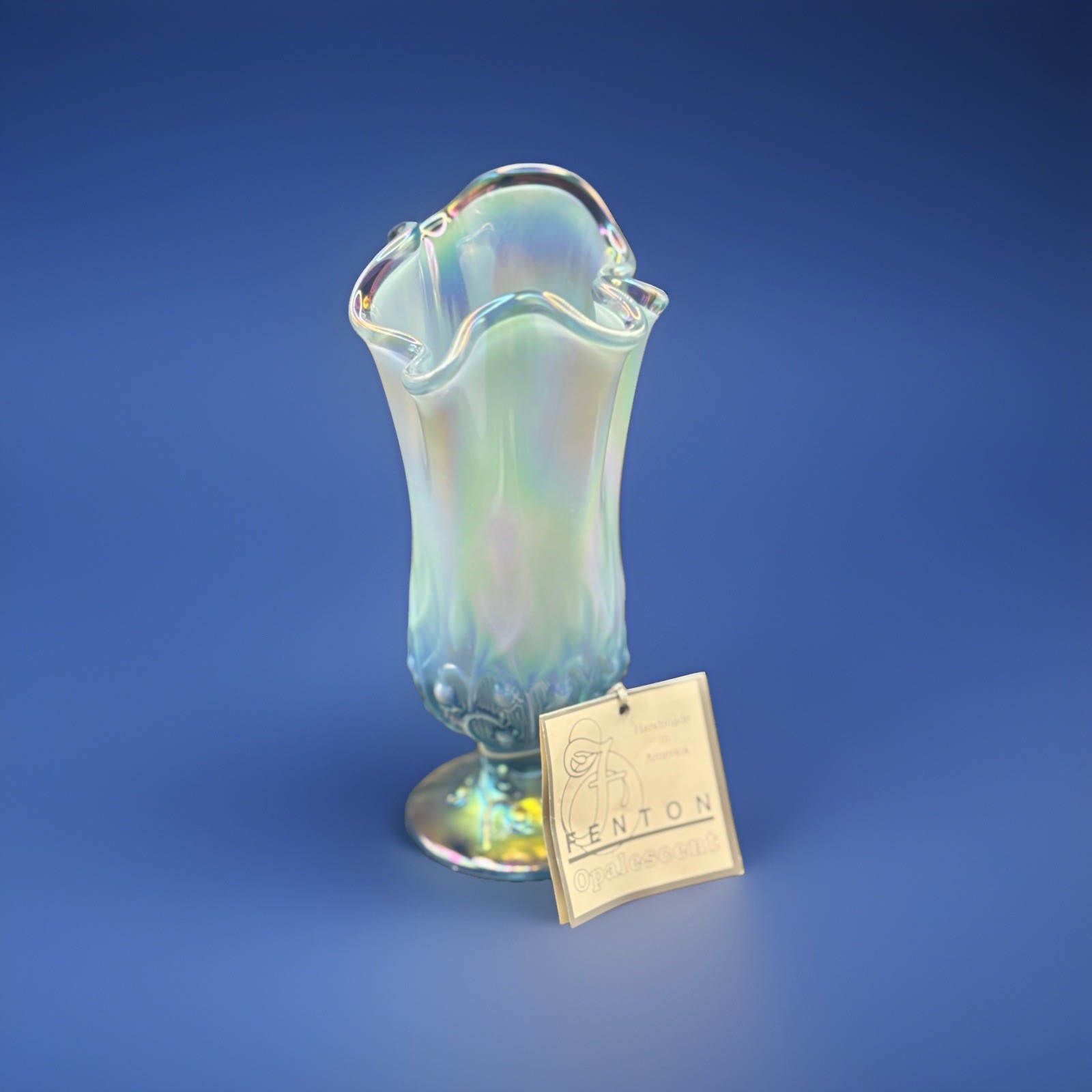 Fenton Art Glass “Lily of the Valley” Blue Opalescent Handkerchief Vase