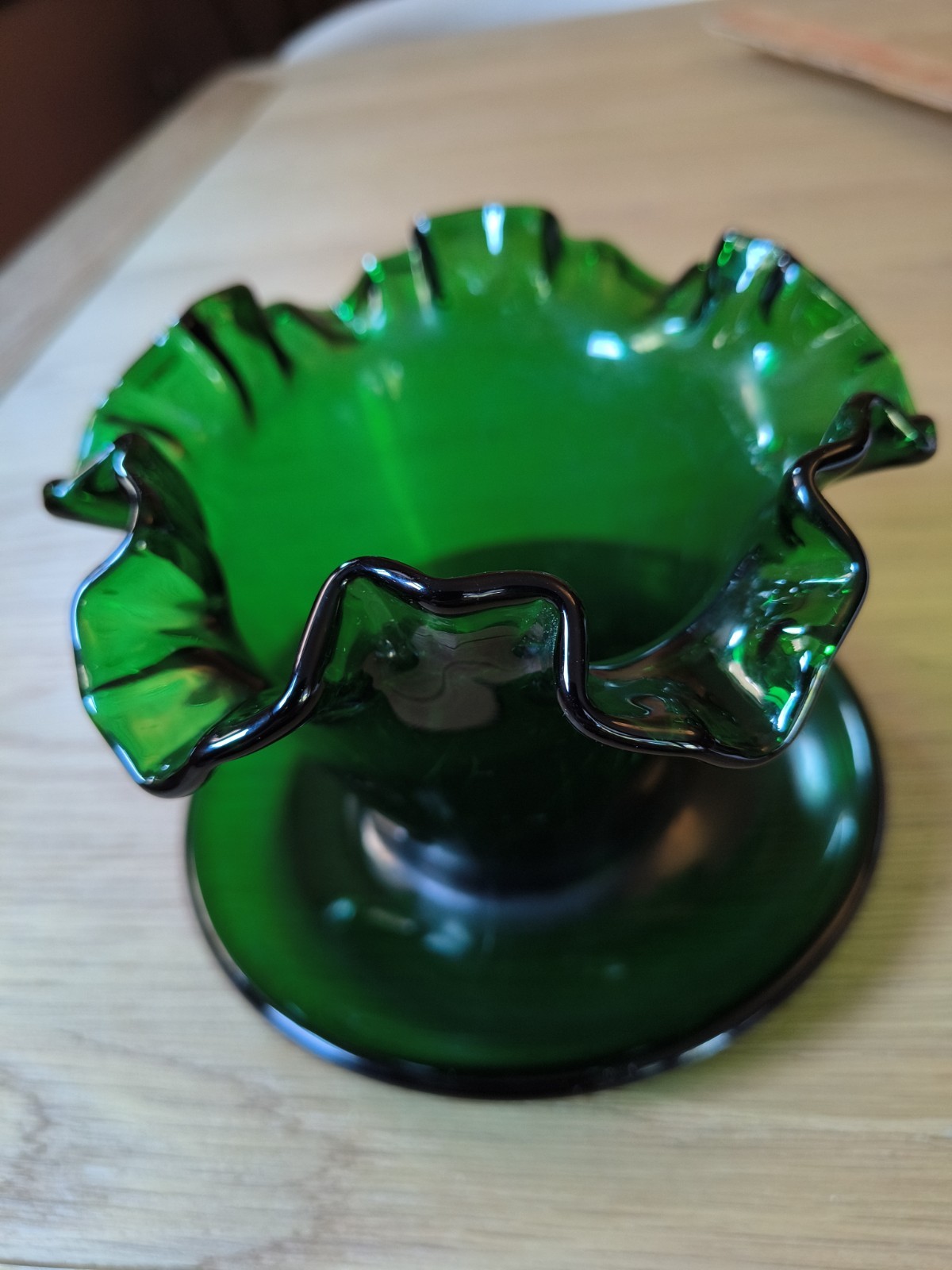 Vintage Fenton Forest Green Glass Ruffled Flower Pot Planter Attached Saucer