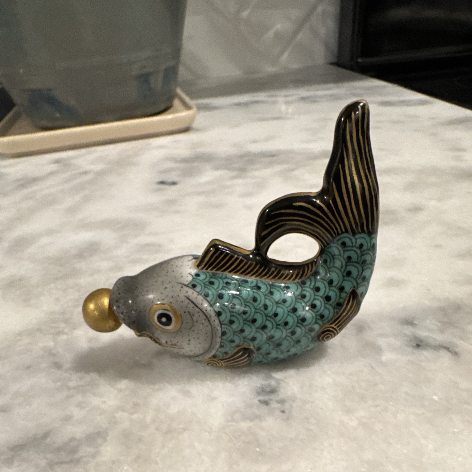 Hand-Painted Ceramic Fish Figurine, Turquoise/Gray/Black/Gold, Glossy