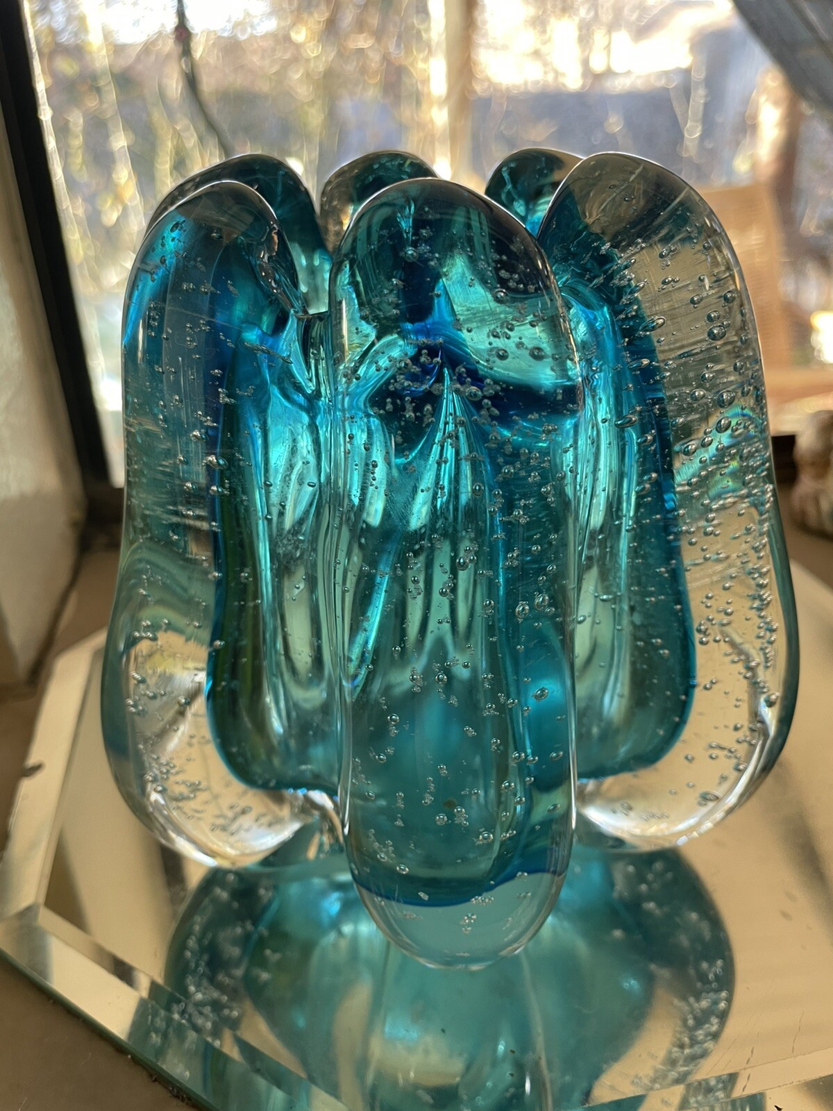 Mid 20th Century Murano Art BLUE Glass Scalloped vase/votive Controlled Bubbles
