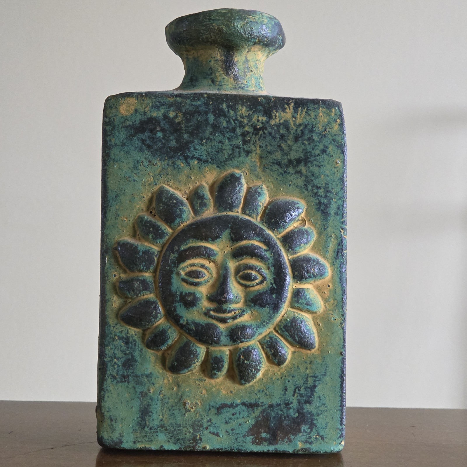 Mexican Sun Face Pottery Bud Vase Rustic Oxidized Green Wash Mexico 7.25″ Tall