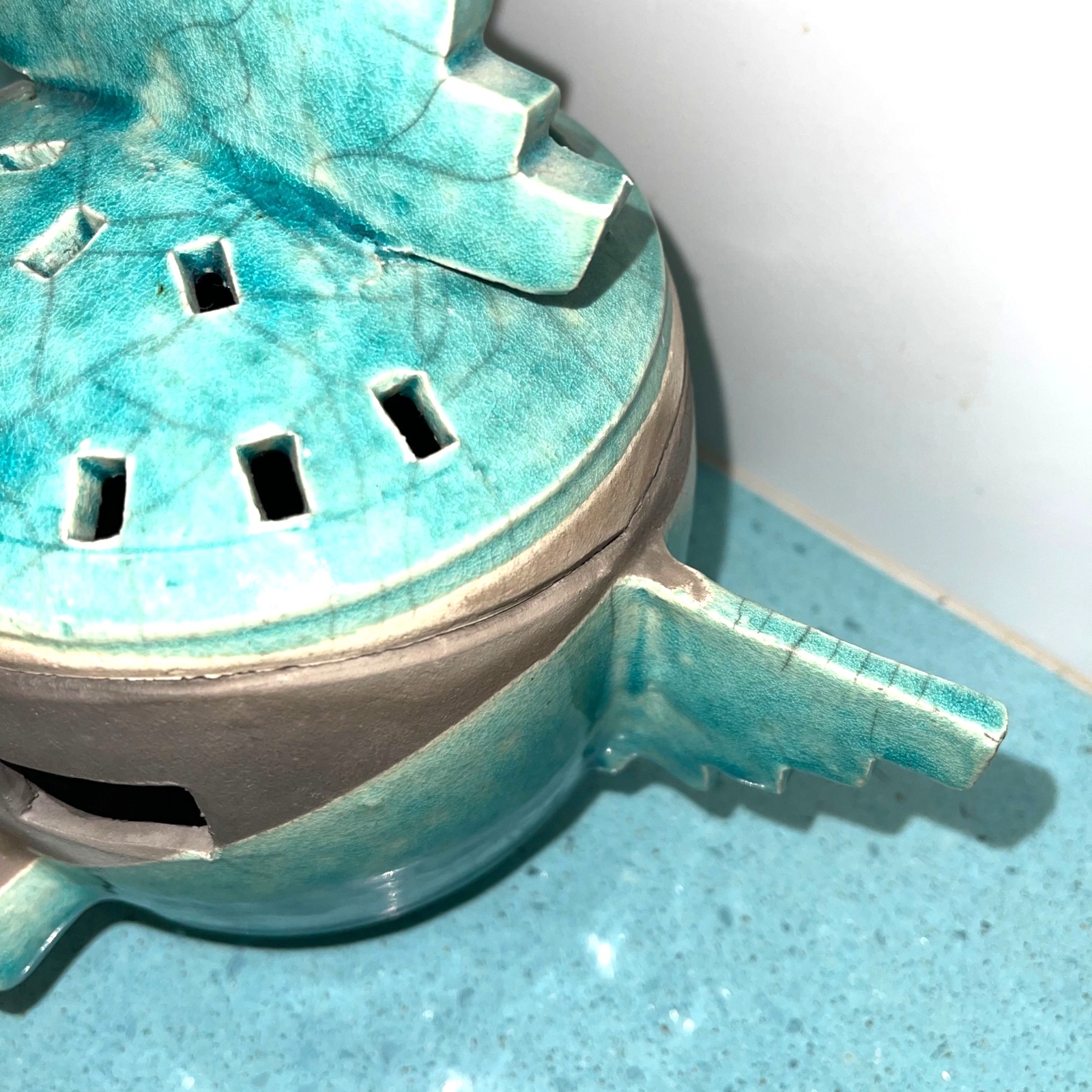 Barbara Heard Ceramic Lantern Bird Head Signed Pottery Blue Gray Handmade Candle