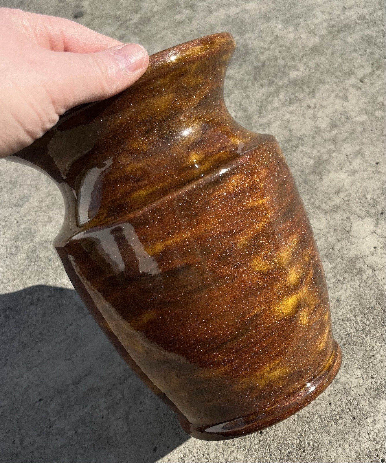 VTG 73’ Ceramic Art Glass Vase Handmade Glittery Warm Autumnal Tones 7.5”