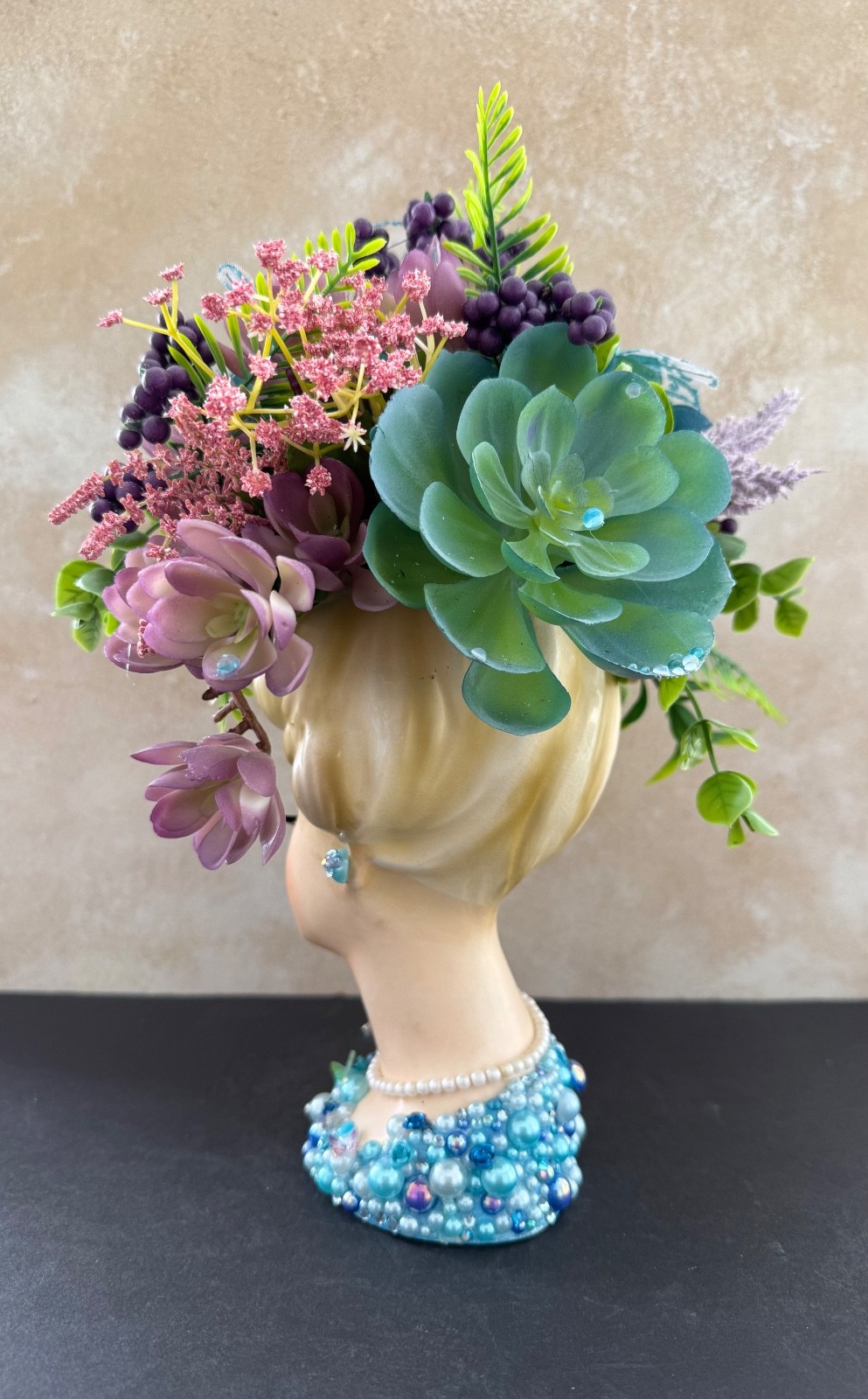 VINTAGE LADY HEAD VASE INARCO OOAK REIMAGINED “BLUE BUBBLES” OUTSTANDING 12”