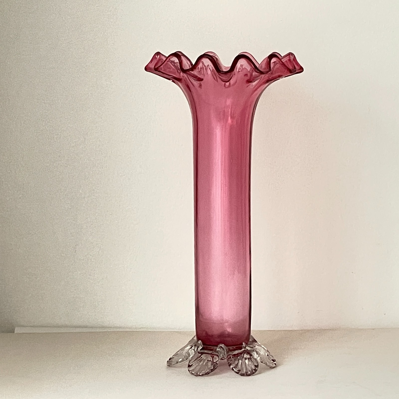 ANTIQUE CRANBERRY PINK TRUMPET VASE WITH RUFFLED RIM CLEAR APPLIED GLASS FEET