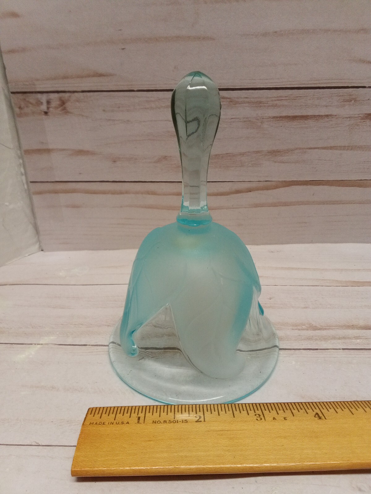 Vintage Viking Glass Teal/Blue Bell W/ Frosted Petal Leaf 5 1/2″Tall