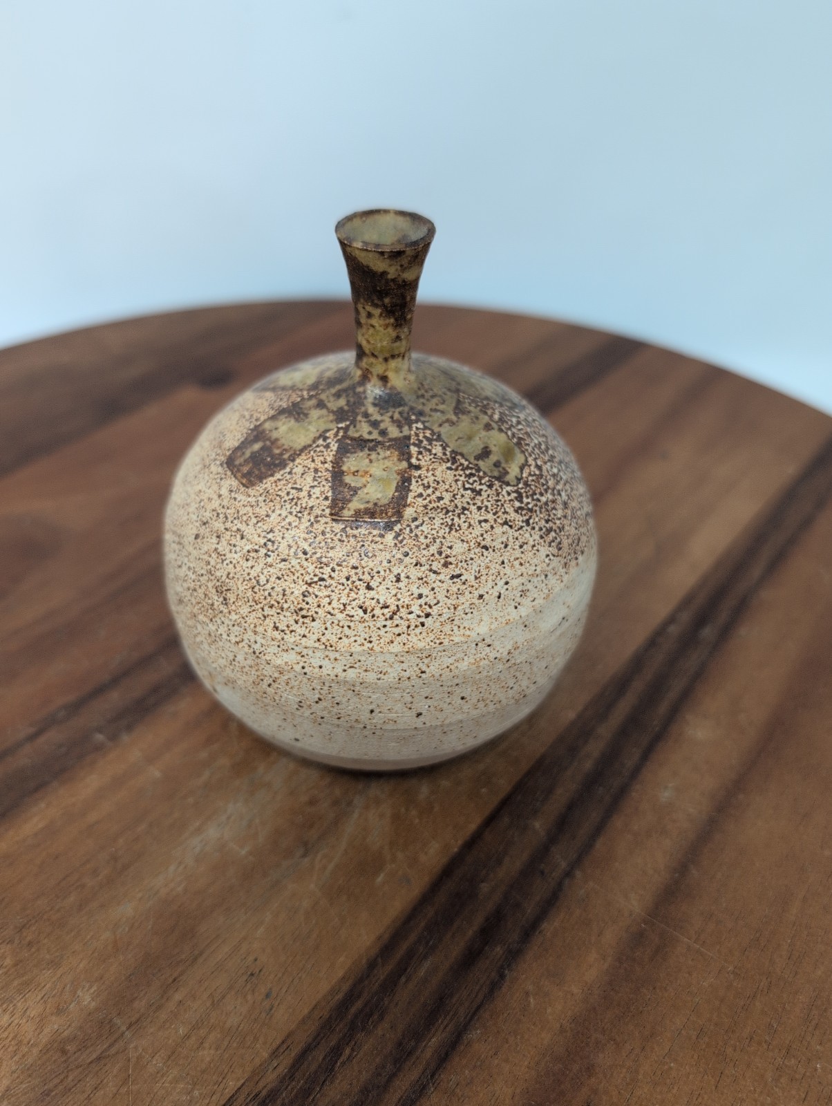 Mid-Century Modernist Round Speckled Earth Tone Ceramic Vase w/ Tapered Neck