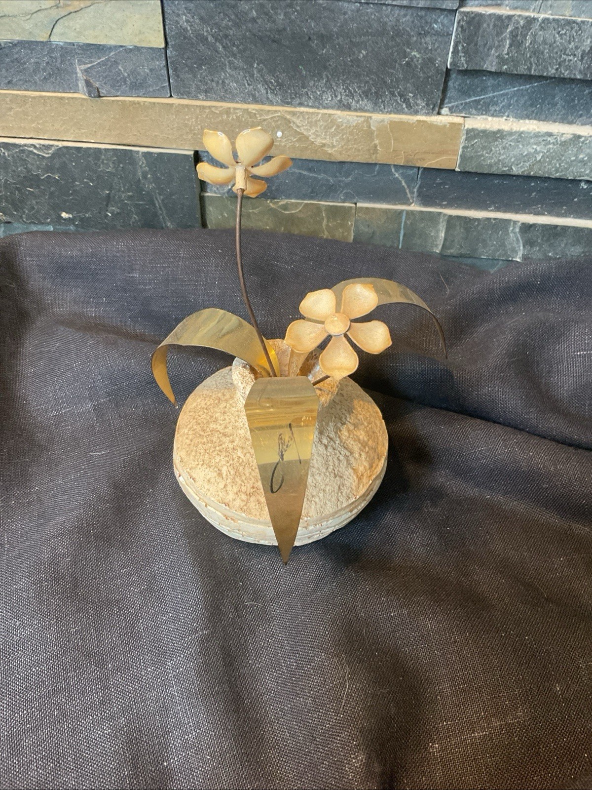 vintage MCM Pottery vase & Metal Flowers Sculpture Signed