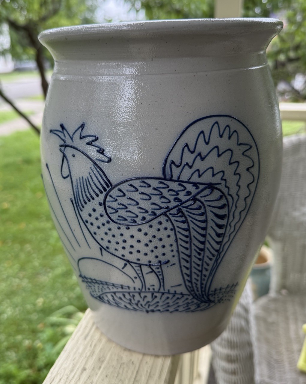 Eldreth Pottery Lancaster Co. PA 9.5” Cobalt Rooster Stoneware Crock