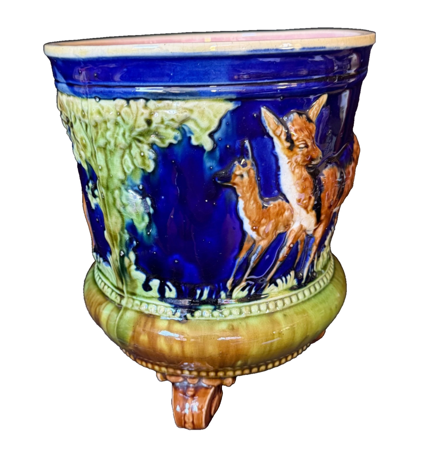 ENGLISH MAJOLICA DEER & TREES JARDINIERE Thomas Forester c1880 (Prof. Restored)