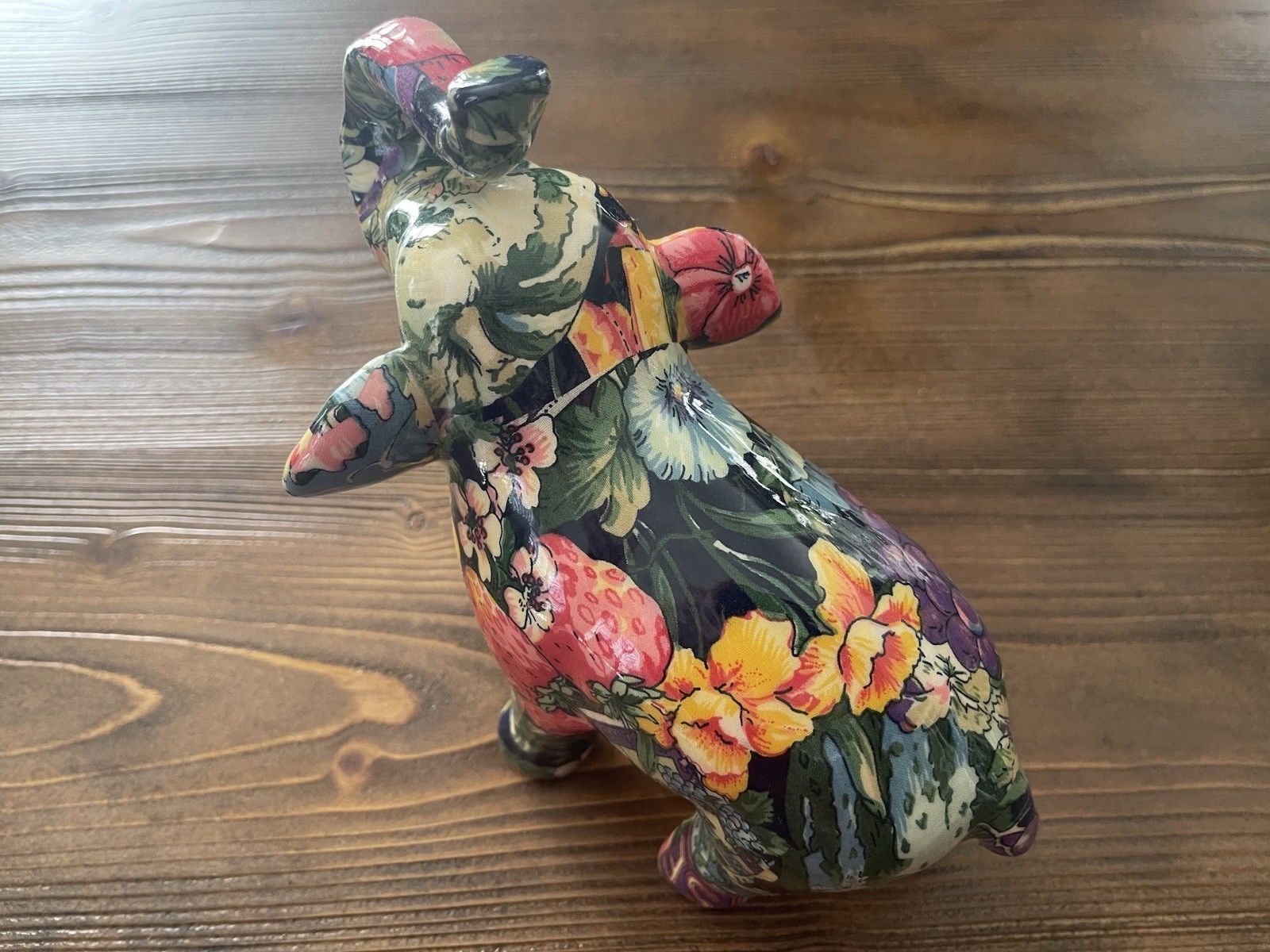 Colorful Floral Elephant Figurine 8” Decoupage Style Boho Decor Made in China