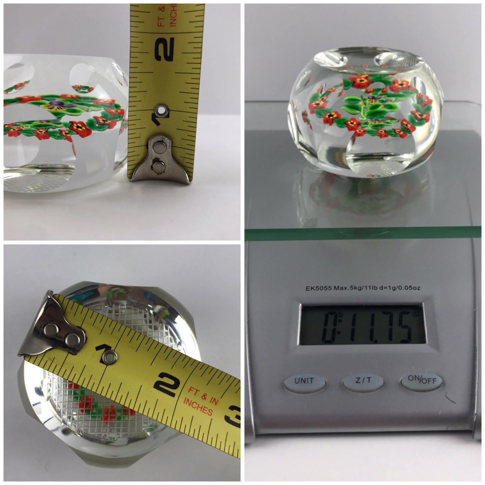 Perthshire 1998D Garlanded Pansy Lampwork Flower Leaves Clear Facet Paperweight
