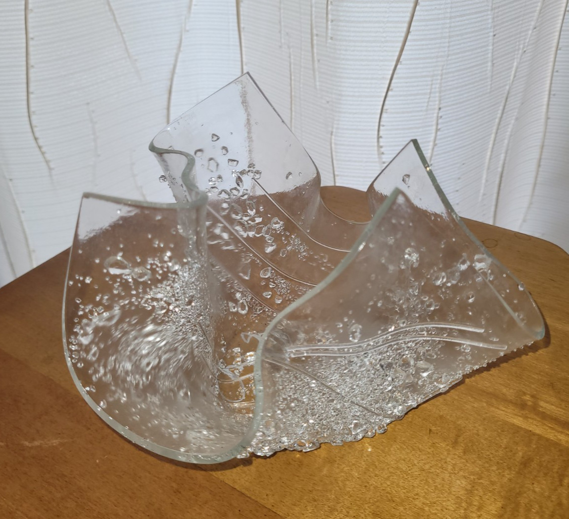 Clear Bubble Textured Glass Handkerchief Vase Signed by Artist 2003