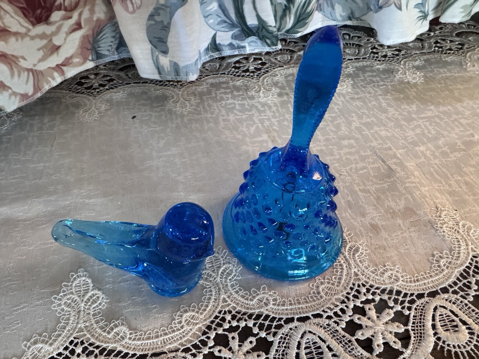 Fenton Blue Glass Hobnail Pattern Bell with Handle, Blue glass bird set