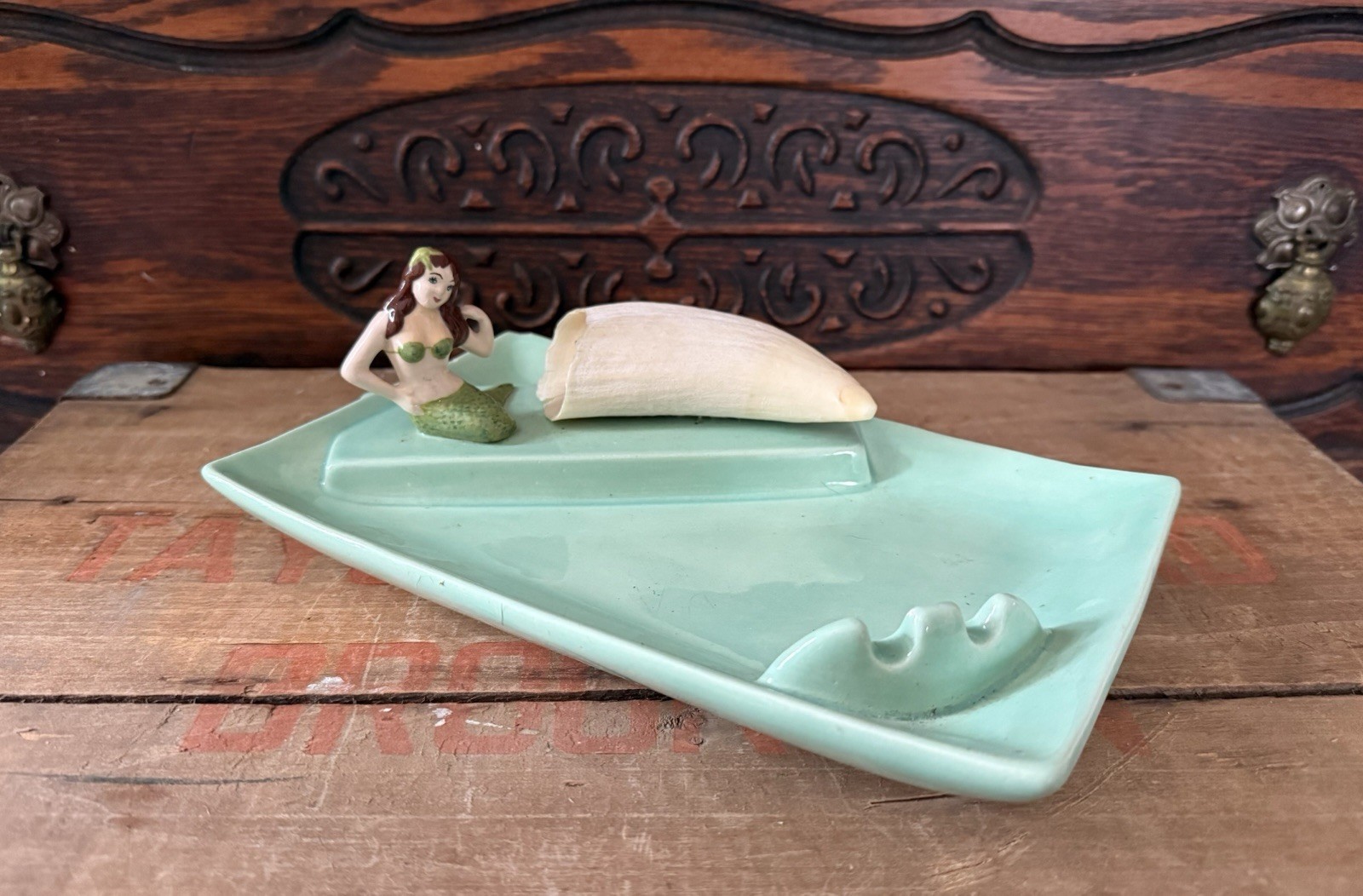 Vtg Ceramic Mermaid Ashtray Summer of 1968 One-of-a-Kind Turquoise Surf Beach