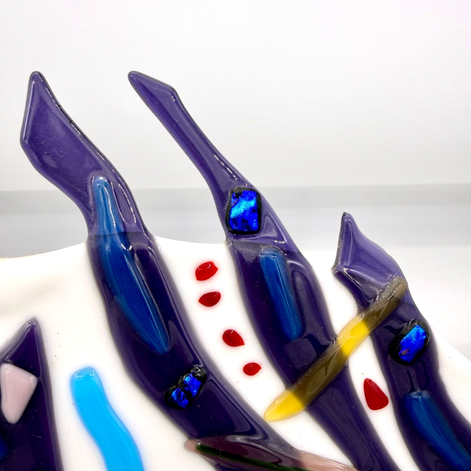 Vtg Fused Glass Wall Hanging Modernist Abstract Face Geometric Blue Dichro 15”