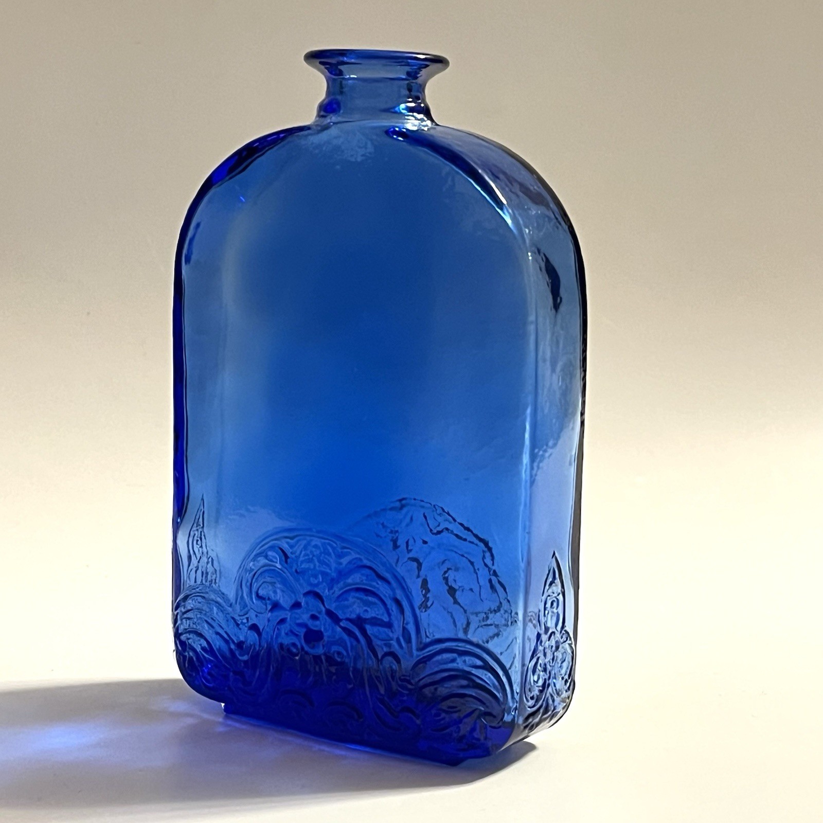 Vidrios de Levante Floral Embossed Cobalt Blue Recycled Glass Bottle SPAIN 5.5”H