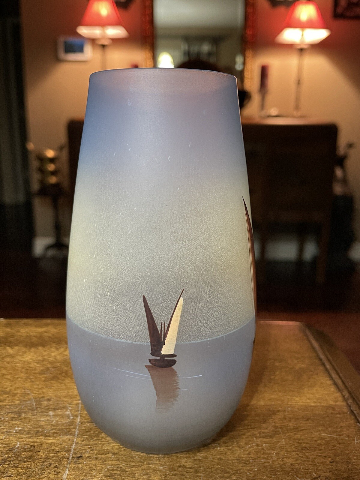 5.25″x2.5″ Blue Glass Vase Hand Painted With MCM Sailboats Vtg